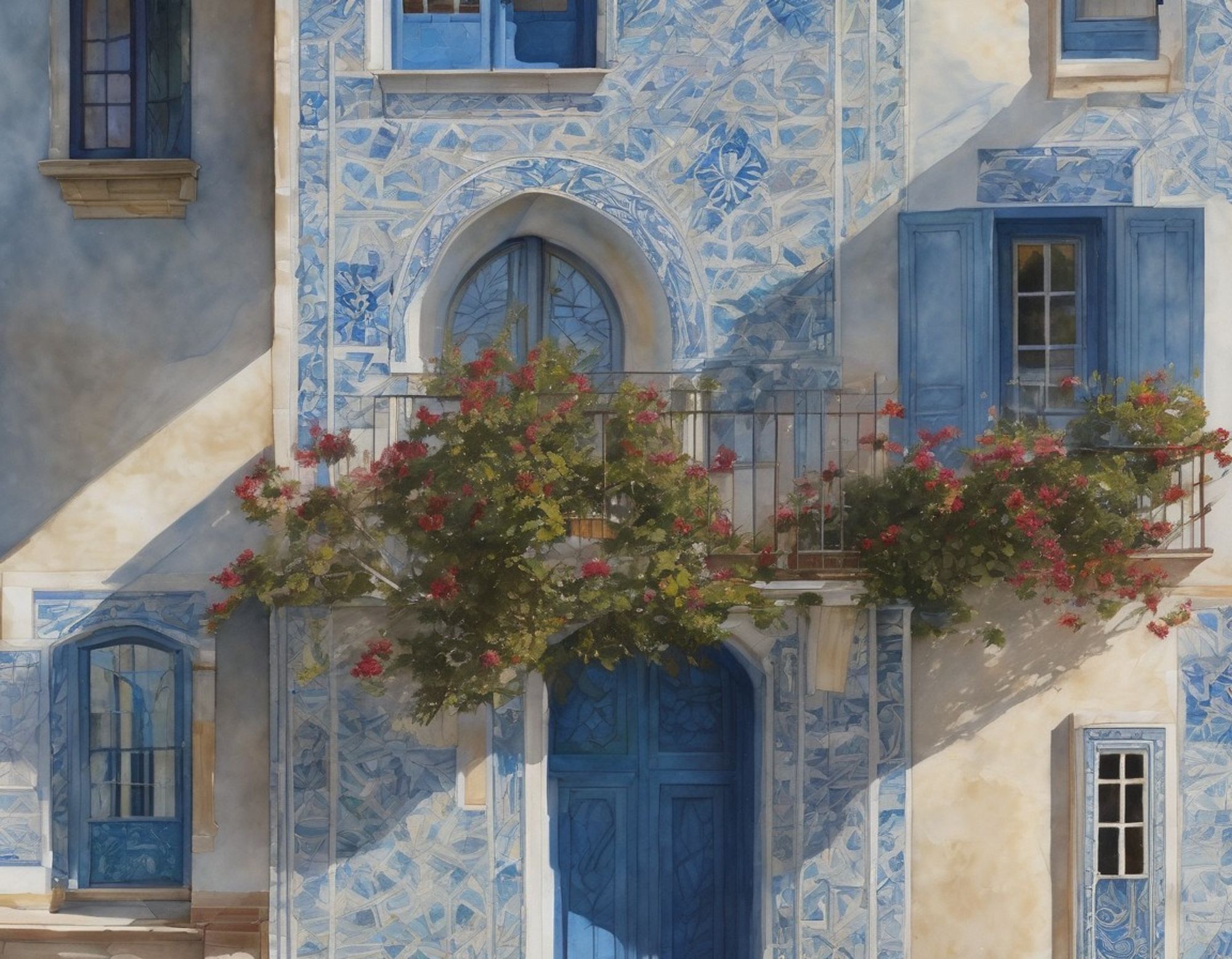 Apartment building faced in blue and cream patterned tiles, with blue doors and windows, in morning light. The metal railing of a balcony is overgrown with sprawling rose bushes with abundant red blossoms.