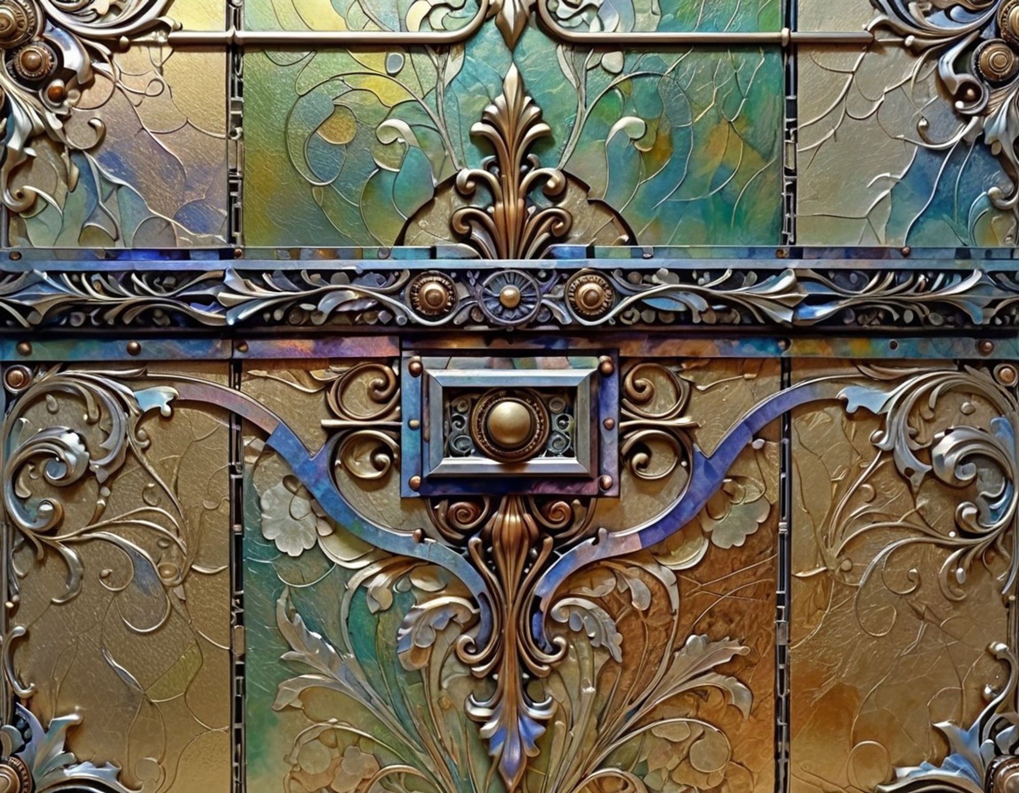 An ornate decorative wall containing a secure drop box with a non-obvious intricate mechanism made of colorful metals.