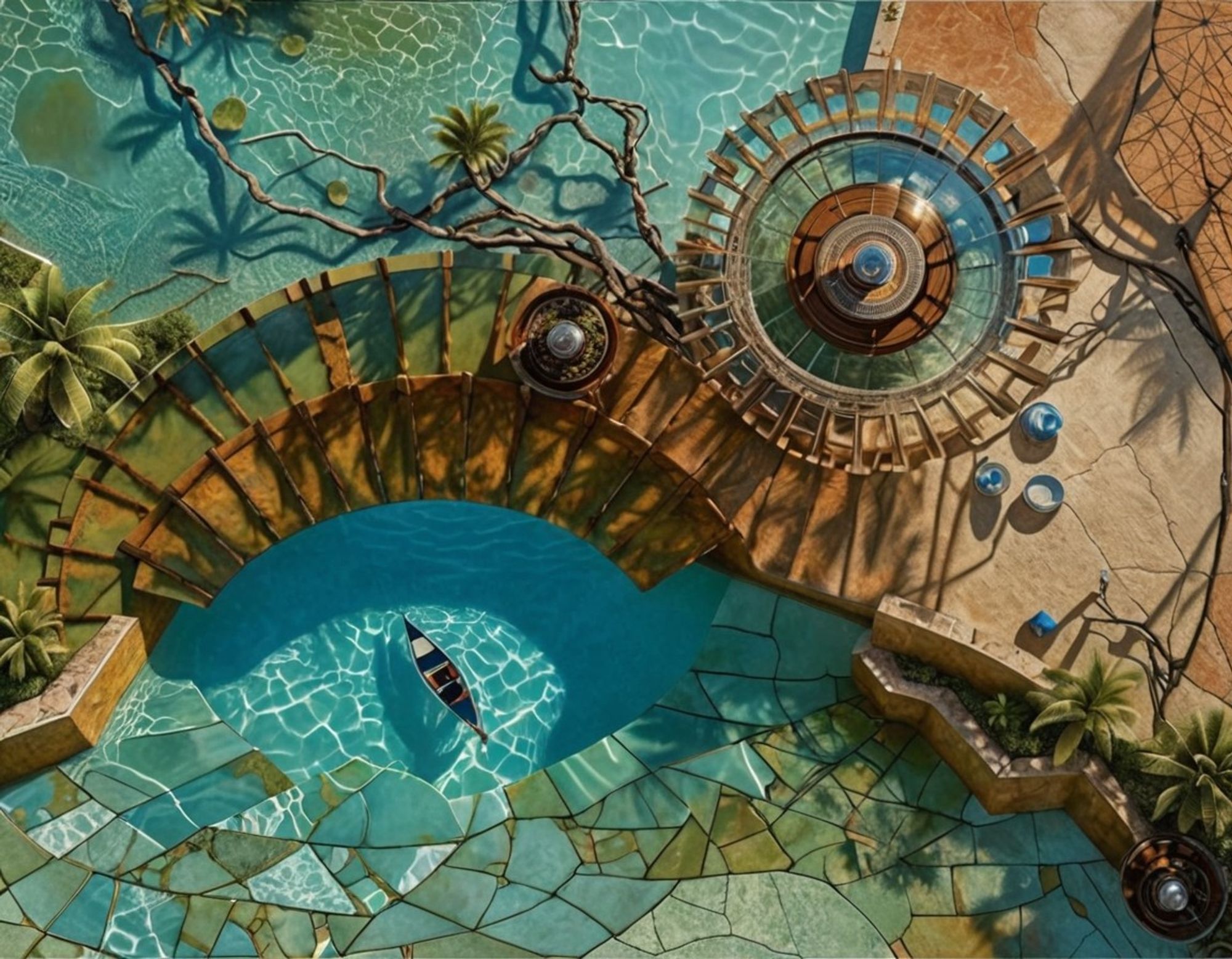 Aerial view of a turquoise tropical pool with a small fairy boat anchored in a deeper area. Palm trees, vines, a wooden dock, and a glass dome surround the pool, enhanced by intricate shadows.