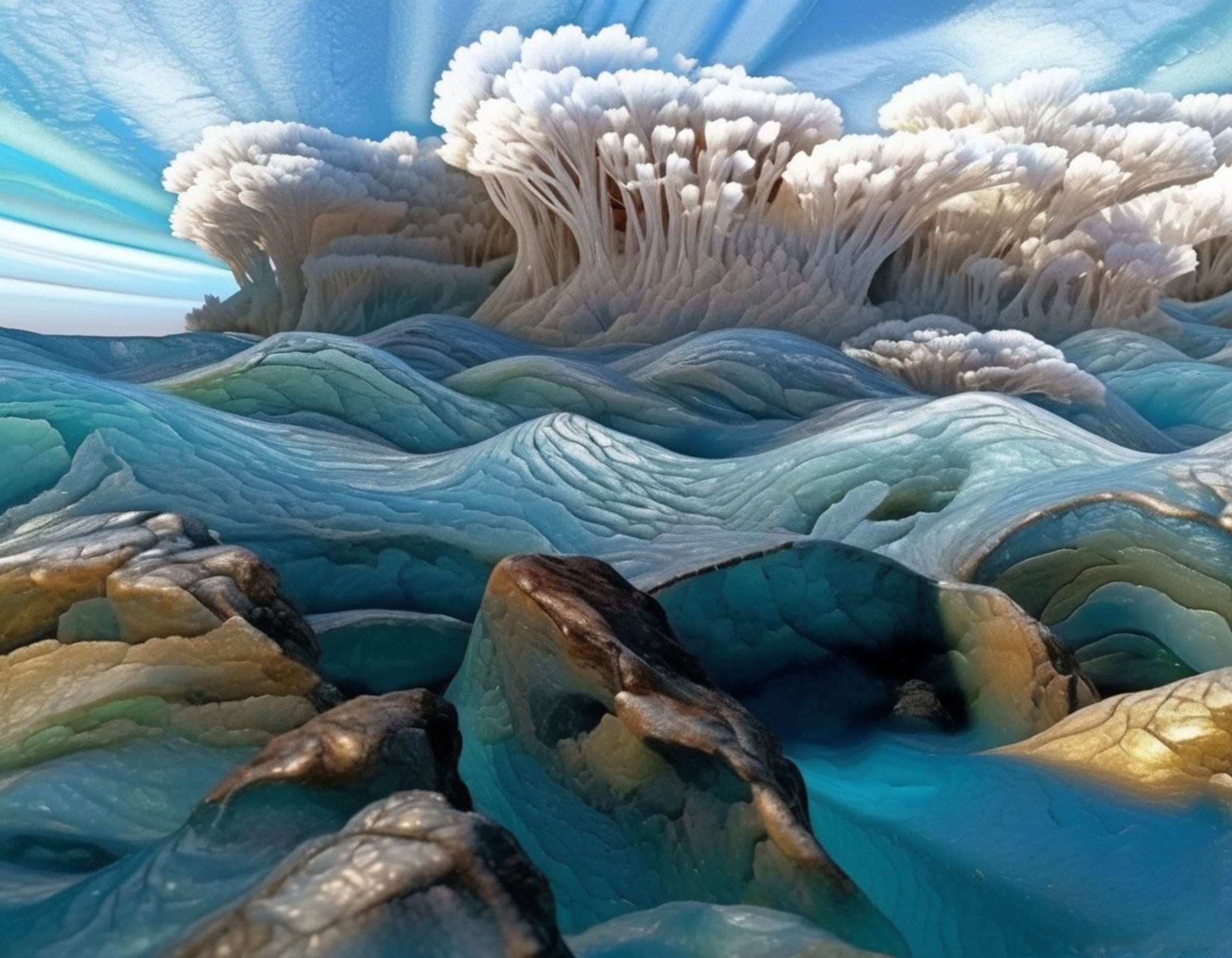 Surreal cream-colored coral-like mycelial structures rise forest-like in an exoplanet landscape under a clear blue sky, growing from rolling teal mineral terrain.