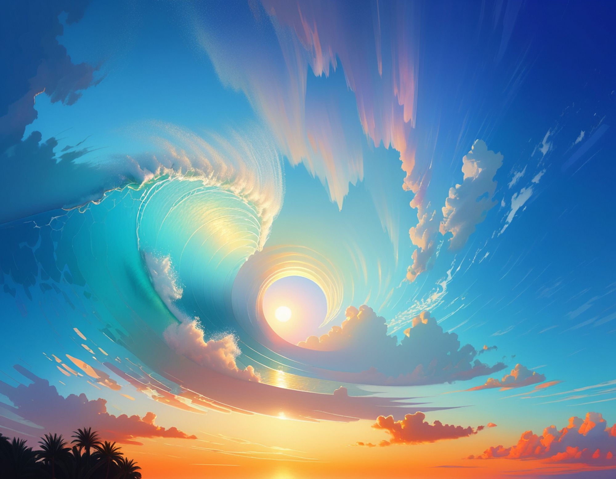 Ocean wave, hanging impossibly up in the brilliant blue sky, merging with vibrant clouds and curling around the sun. Surreal style.