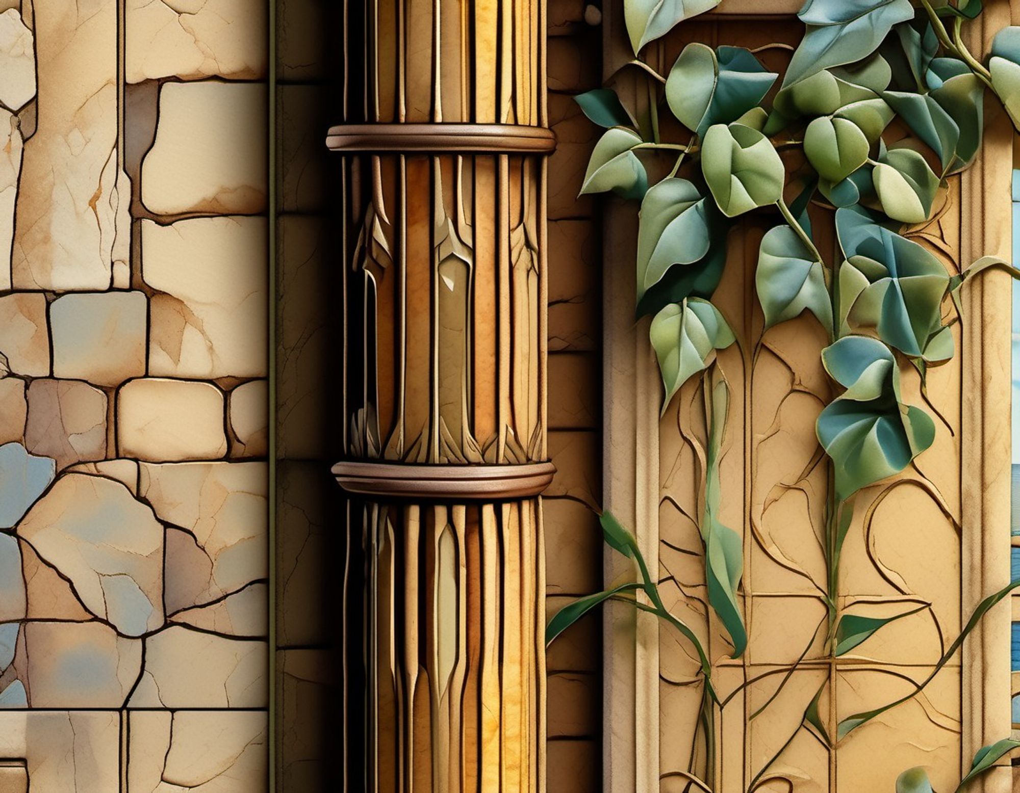 Indoor wall of irregular fitted tan and bluish stone, a carved wood panel.  and a metal column decorated with a vertical stripe motif are backdrop to a lush climbing ivy vine. AI impressionism style.