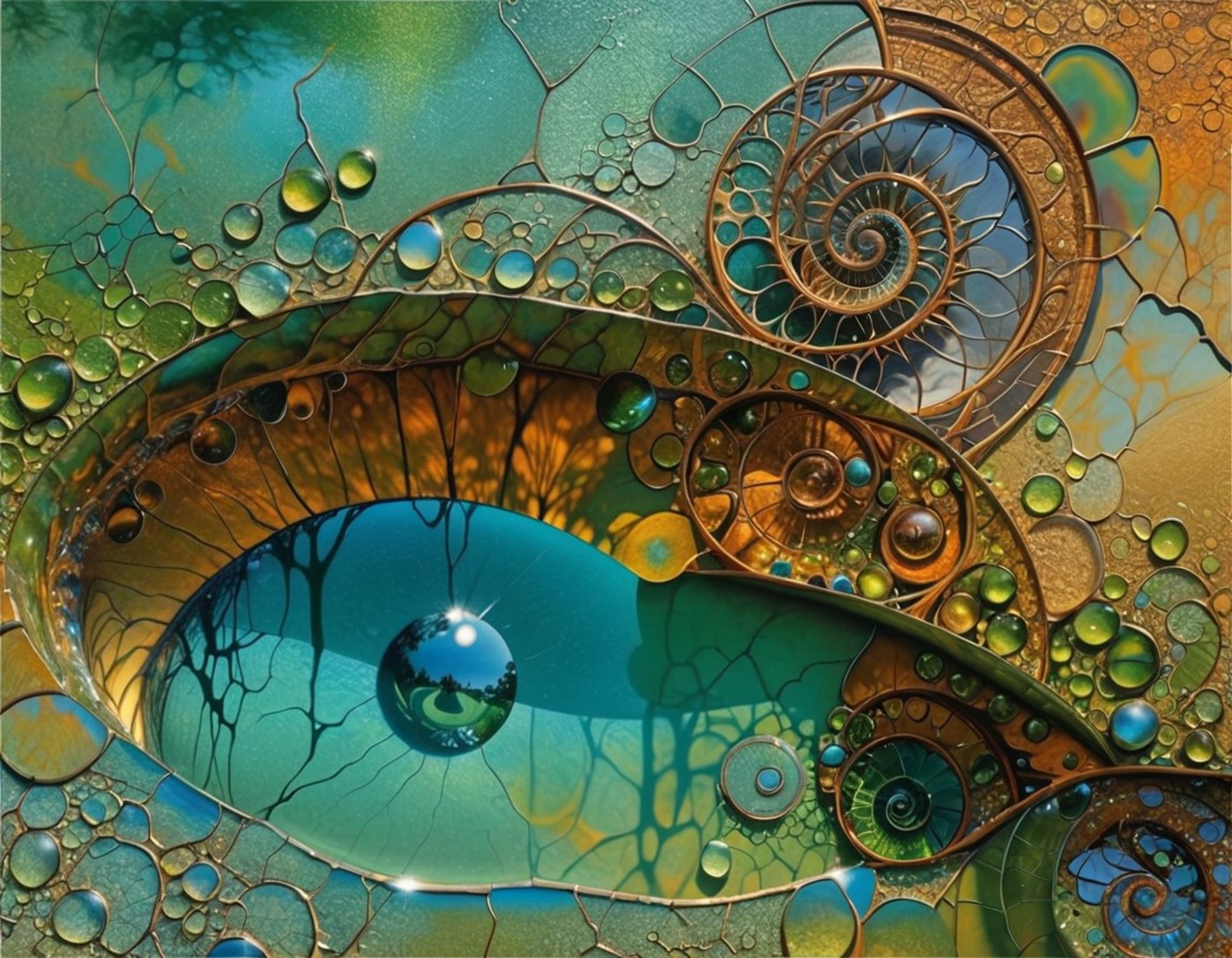 View of a small pond from above, with turquoise water and intricate spiral copper decorations, and embellished with small round glass gems in blues and greens. At the center rests a larger reflective sphere intended for gazing.