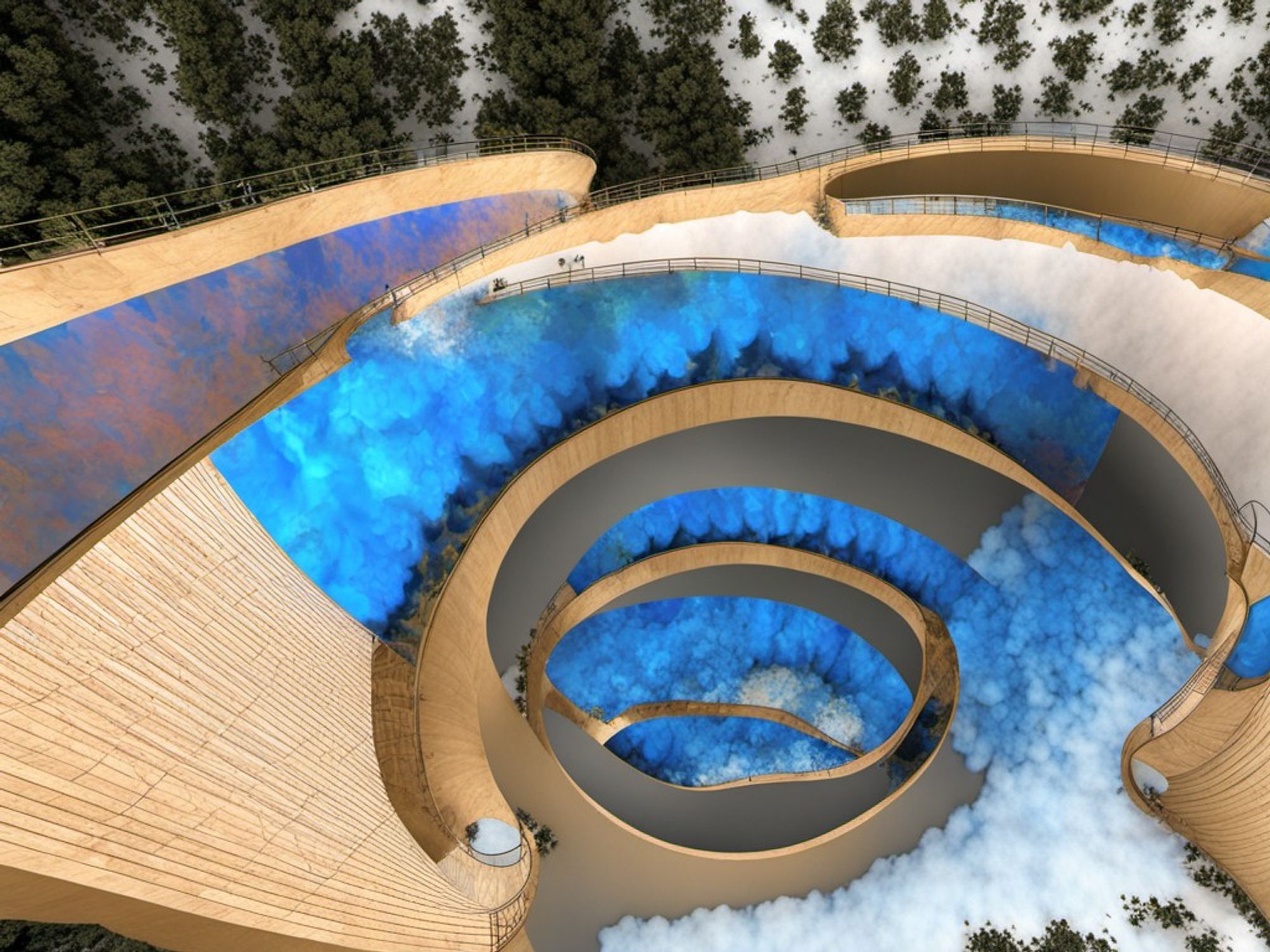 Aerial view of a spiral pool, edged by a wooden deck, reflective blue water merging with the cloudy abyss below.