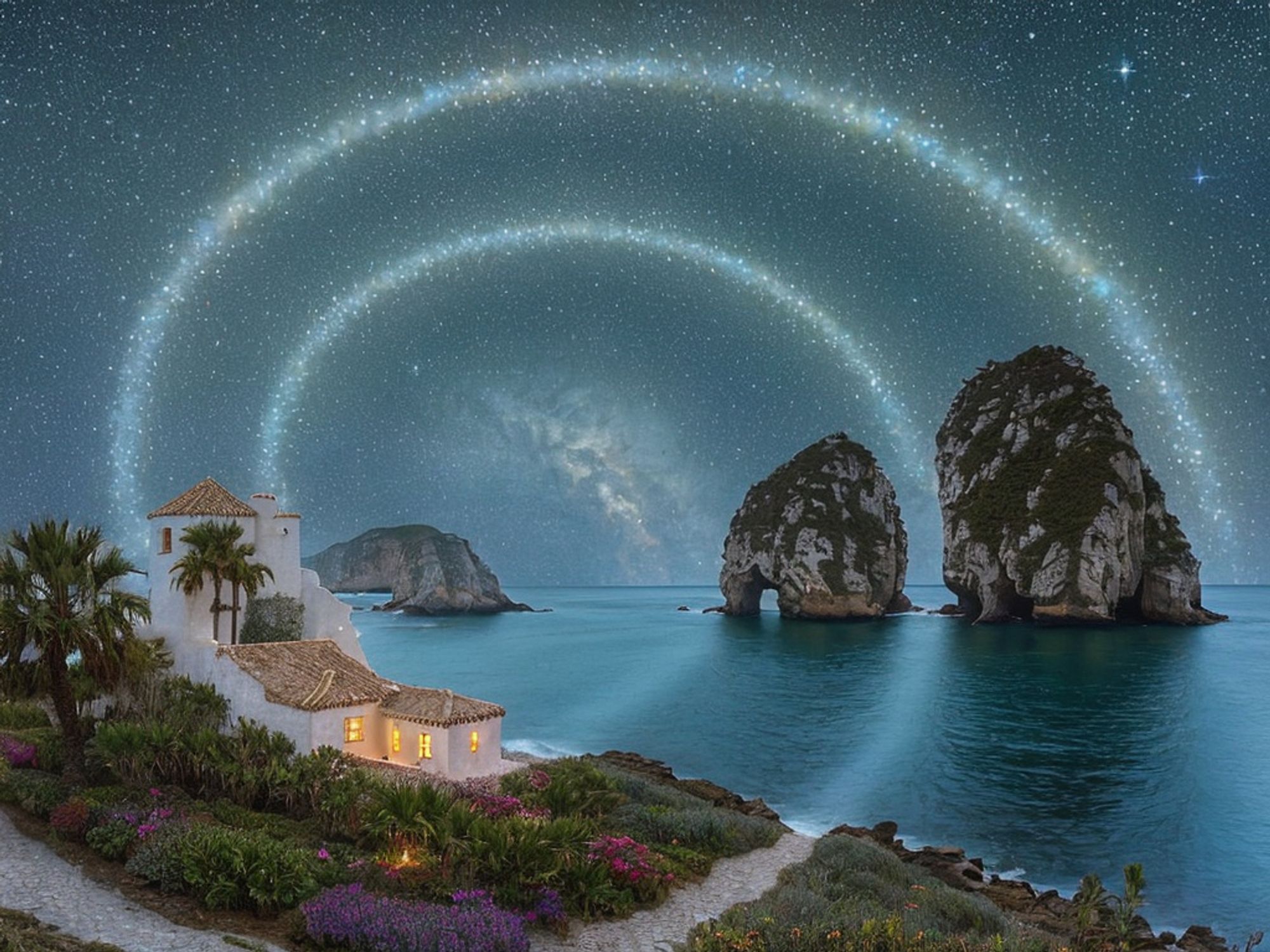 A cottage by the sea under a spiral arc of stars, with rocky islands near the shore.