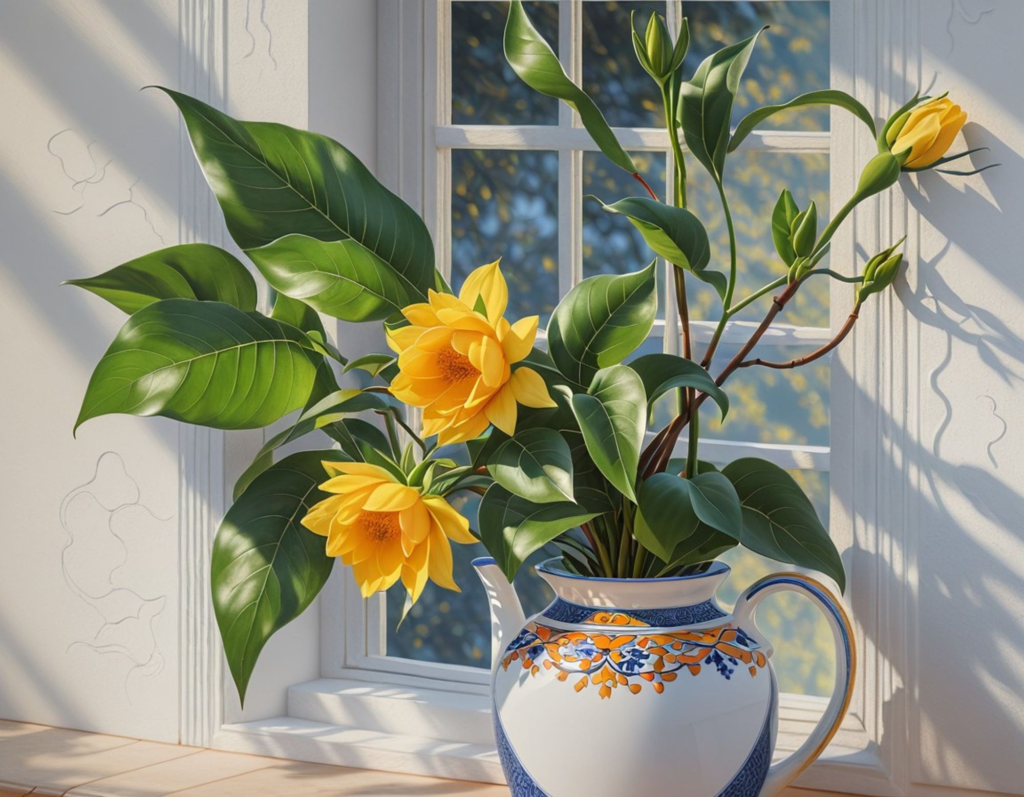 Yellow flowers and green leaves, in a white pitcher with blue and orange trim, on a windowsill, in sunlight and shadow.