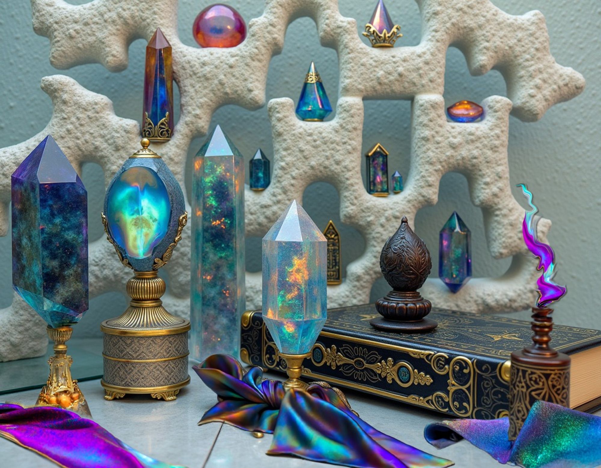 A collection of iridescent crystals and mystical objects are arranged against a stone backdrop, some of them displayed on an ornate book and surrounded by luxurious fabrics, in a window display for a  fantasy magical shop.