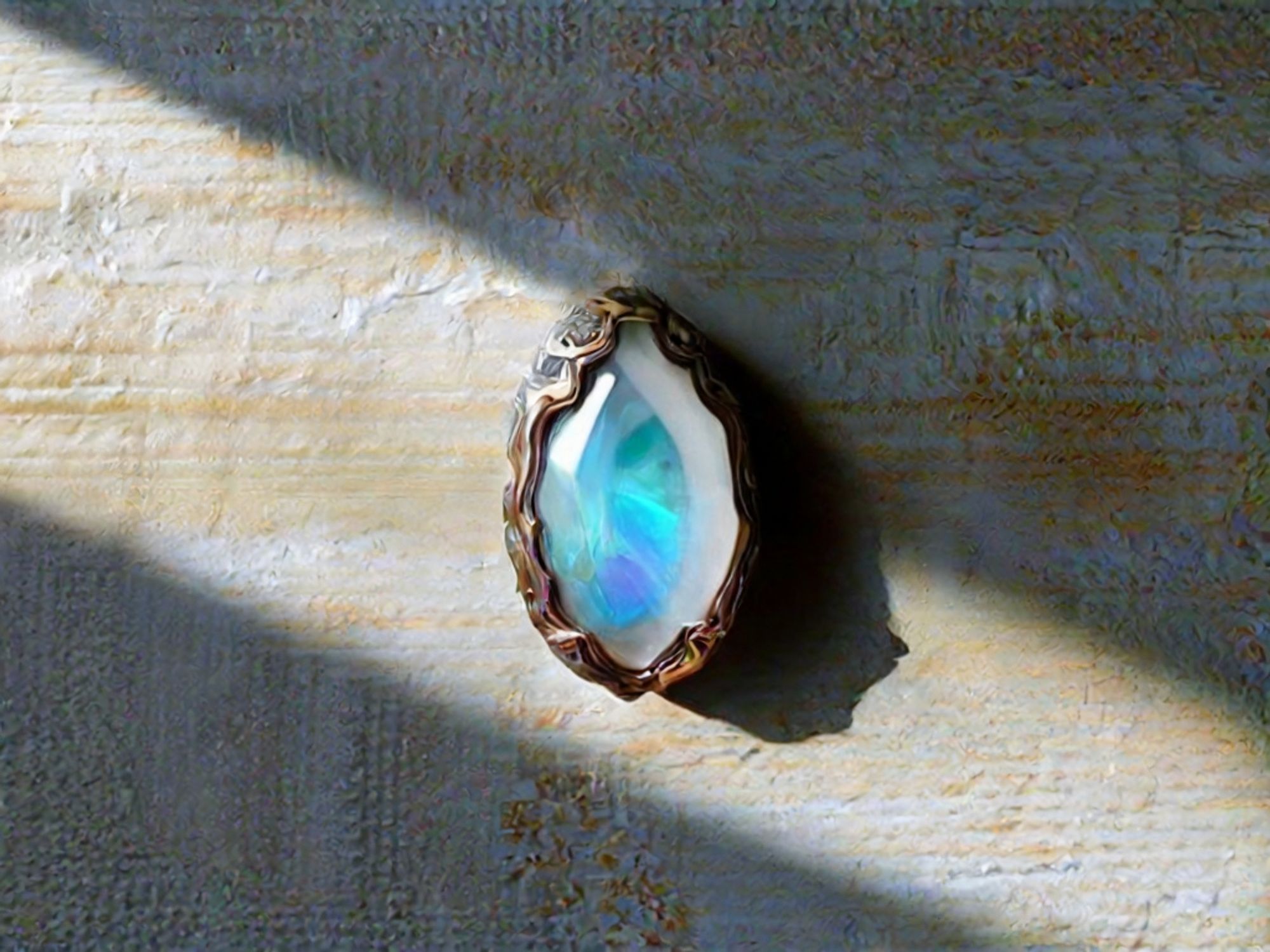 A radiant opalescent blue gemstone in an organic golden setting, hanging on a textured wall in a stripe of sunlight.