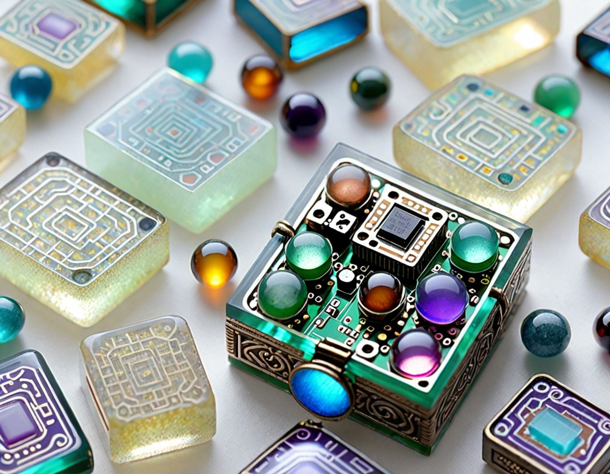 Extreme close up of colorful and intricate circuit board package, among sensors in the shape of iridescent spheres and boxy translucent components, intended to foil futuristic casino security.