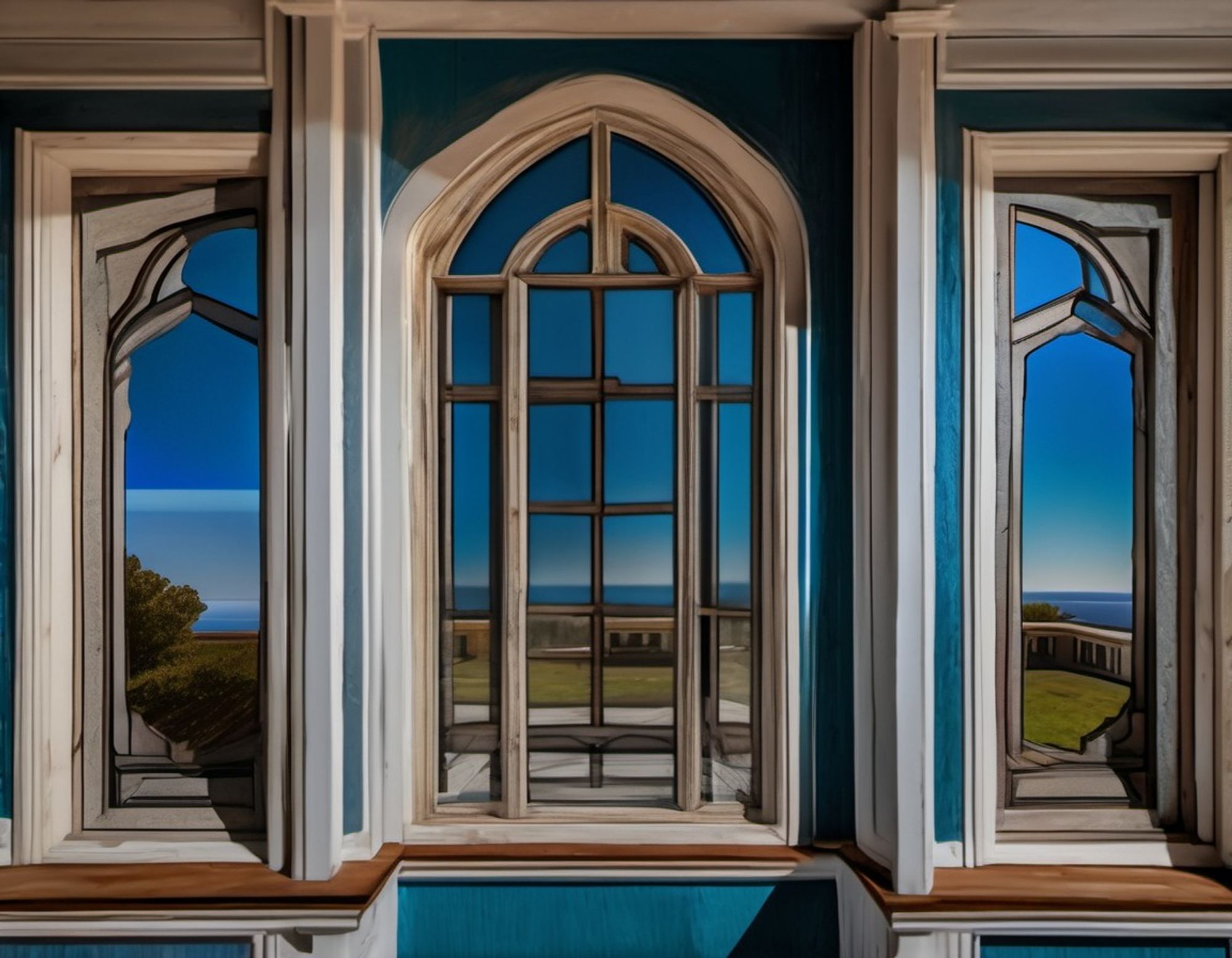 Three rustic windows with arched frames, reflecting a vivid blue sky, wide lawn, and ocean view. AI impressionism style.