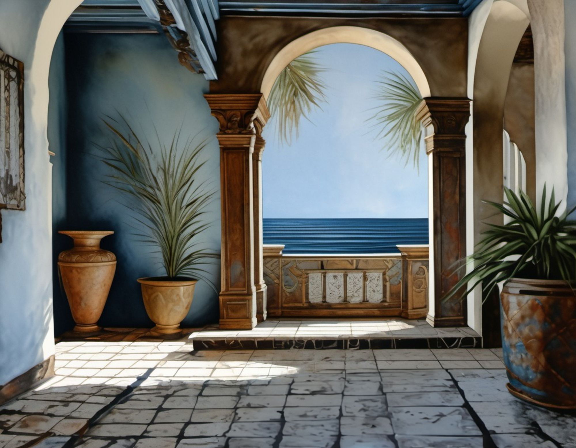 Mediterranean-style room with a view of the ocean through archways, featuring large pots with plants, wooden columns, a balcony with a beautifully painted wall, and a worn tiled floor.