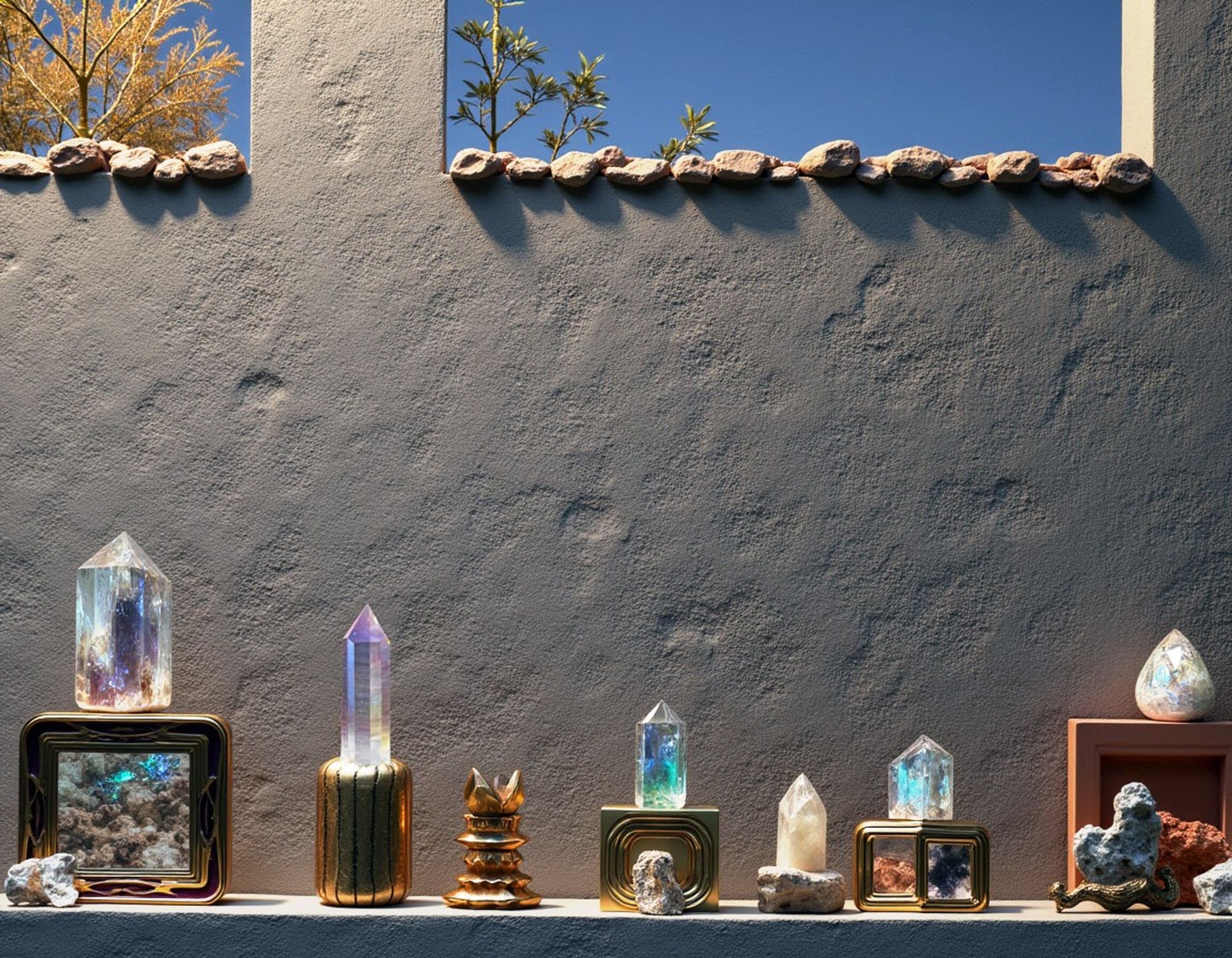 Crystals, gemstones, and other magical objects arranged on a shelf in front of a grey cement wall, with autumn trees against a blue sky visible through high window openings