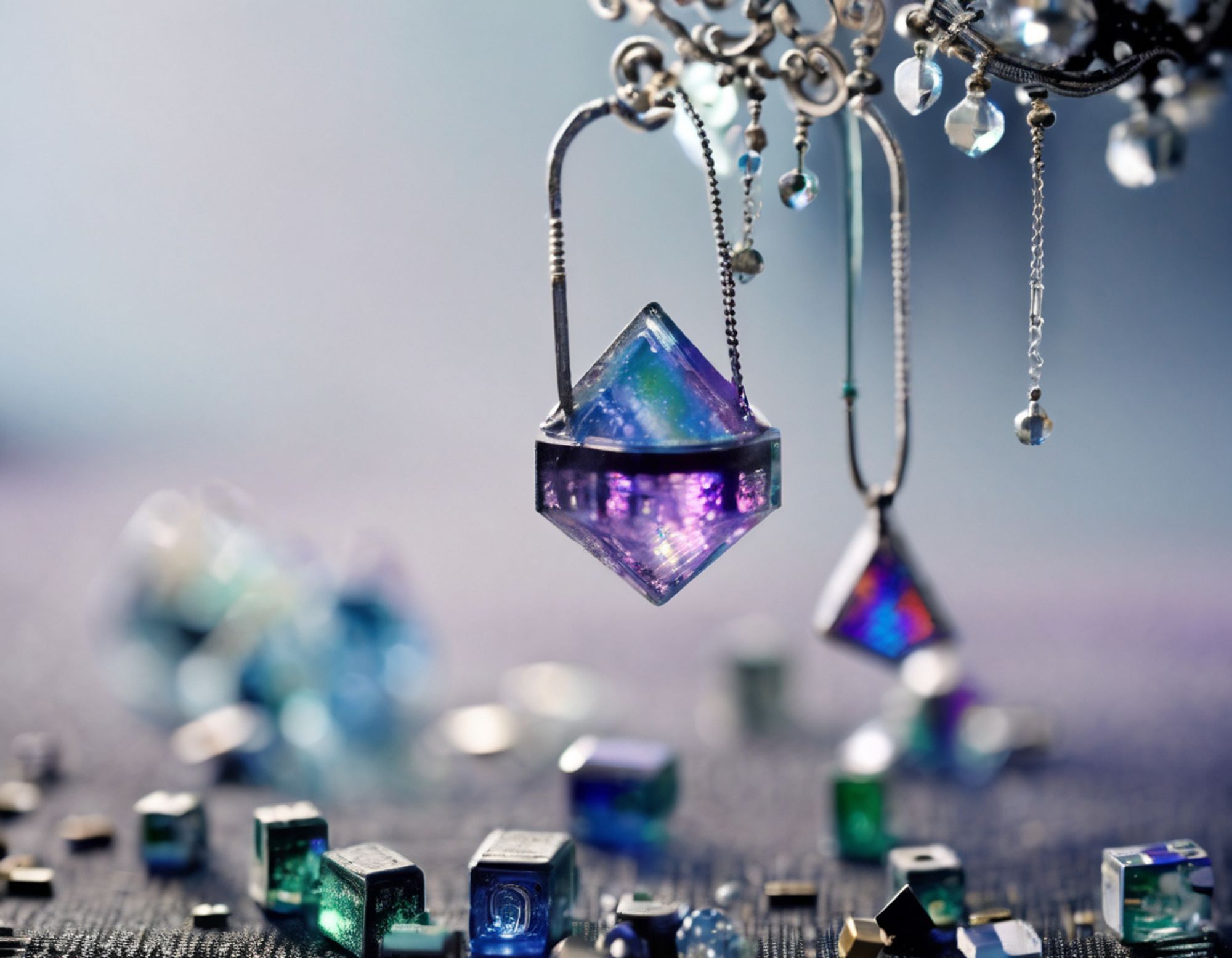 A close-up of a delicate, purple and iridescent crystal, set in metal, with cubic crystals below and other beads and crystals in a background with out-of-focus depths. Macro photography style.