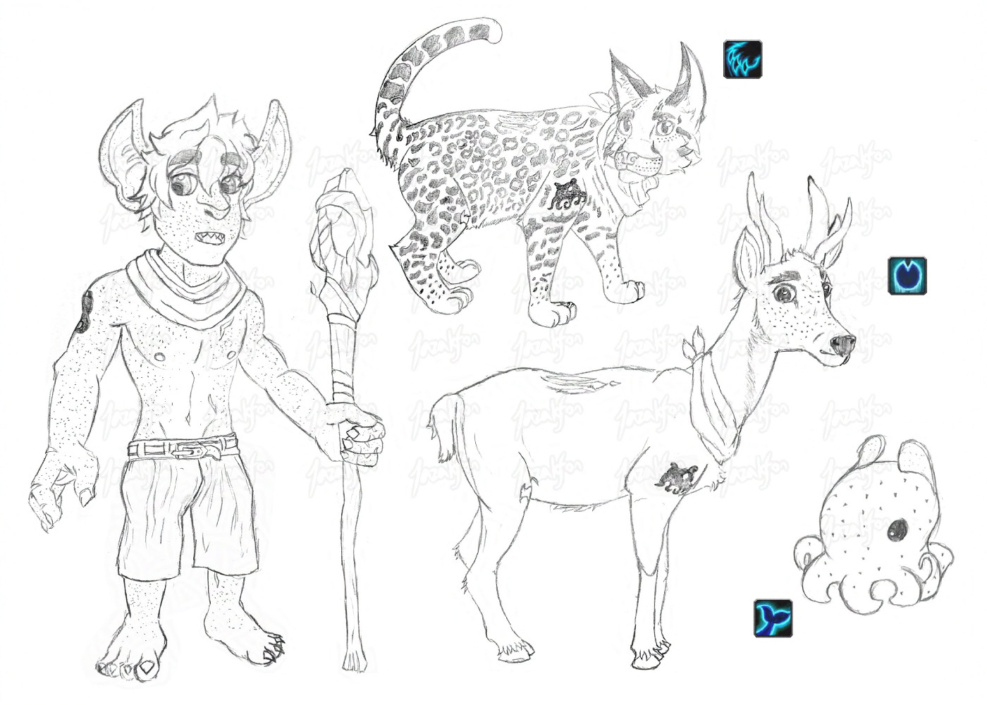 A sketch of a slender goblin druid from Warcraft and his various shapeshift forms. As a goblin, he wears nothing but a scarf and a pair of shorts; he has very freckled skin and an indistinct black tattoo on his right shoulder. The sketched shapeshift forms are an ocelot, a deer-like creature called a taruca, and a dumbo octopus. The ocelot and the taruca form retain his tattoo (which clearly resembles the octopus of the third form) as well as his scars and scarf. The dumbo octopus doesn't have a tattoo or scarf, but is speckled in the manner of his freckles.