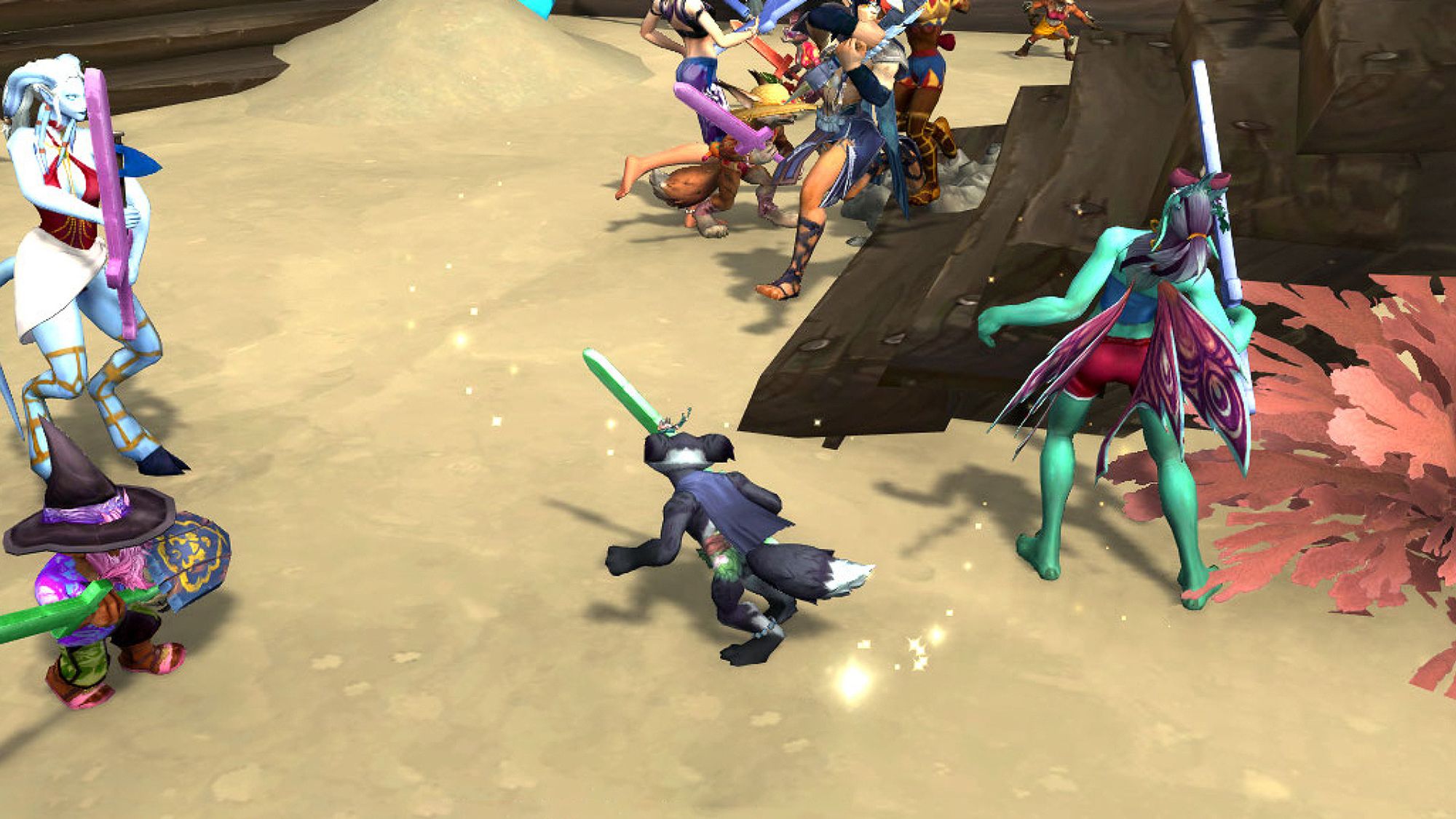 A Warcraft screenshot of a black furred vulpera in a blue cape running through a sandy arena surrounded by other beach goers, wielding a green foam sword.