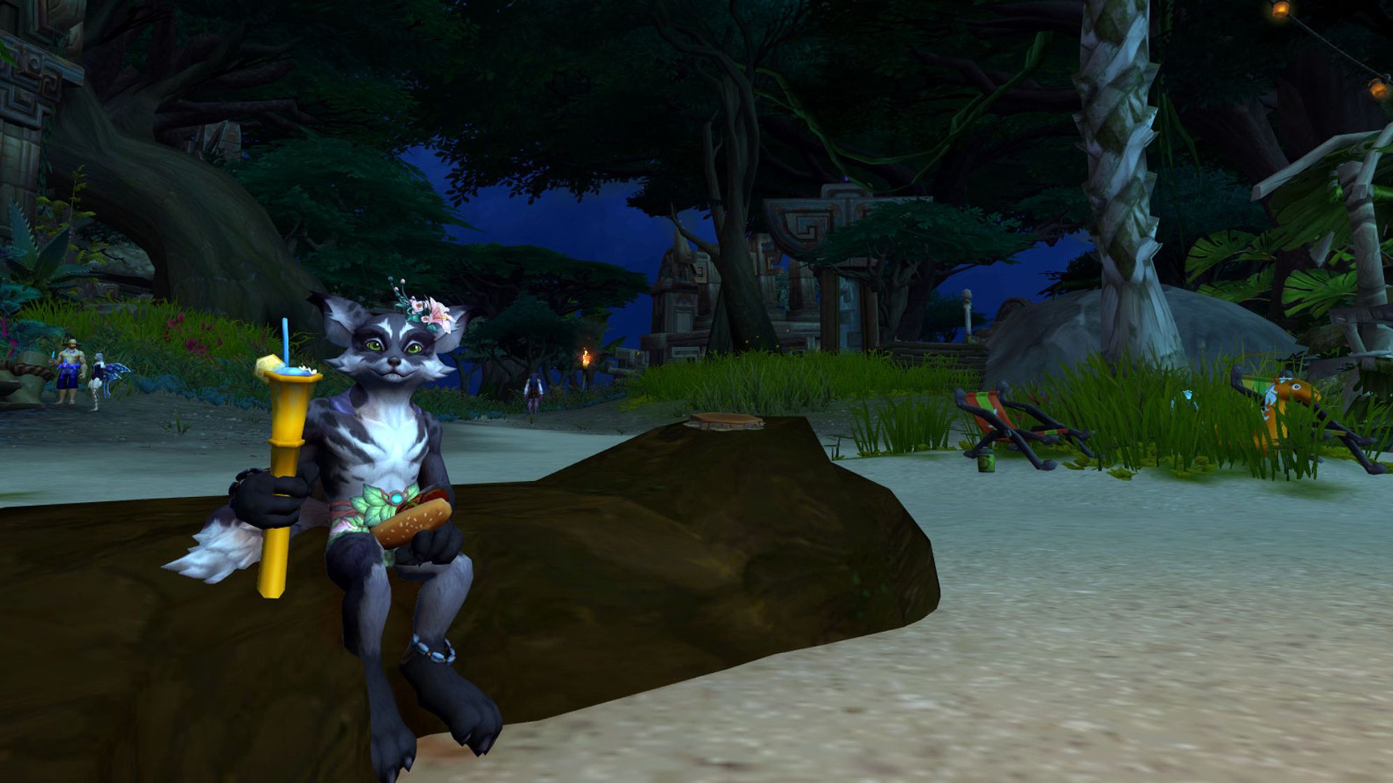 A Warcraft screenshot of a black furred vulpera with green eyes in a beach forest prince costume, holding a tall novelty carnival cup with a lemon slice in it, and a hotdog in his other paw. He's smiling brightly at the camera!