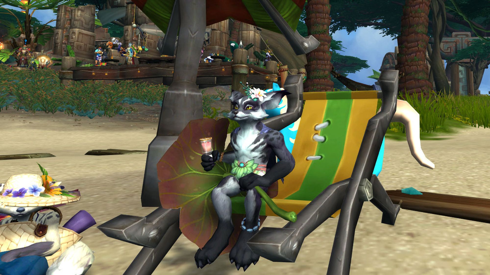 A Warcraft screenshot of a black furred vulpera dressed as a beachgoing forest prince, holding a pink juice in a heart shaped glass in one paw, and a leafy parasol in the other. He has a cherry blossom tucked behind his ear and is sitting at the beach on a tropical island.