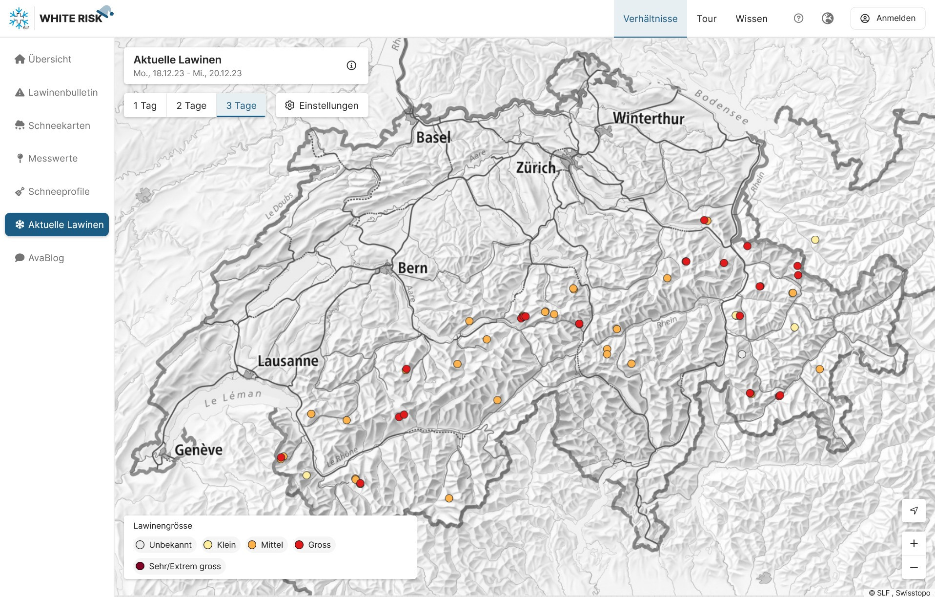 Visualisierung von kartierten Lawinen der letzten drei Tage (per 20. Dezember 2023) in der Schweiz, wie sie auf https://whiterisk.ch verfügbar ist.