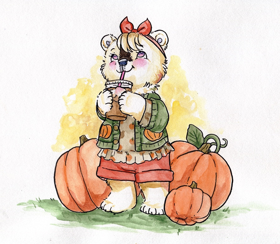 A polar bear in a pumpkin themed outfit is drinking iced coffee surrounded by pumpkins. Done in watercolor.