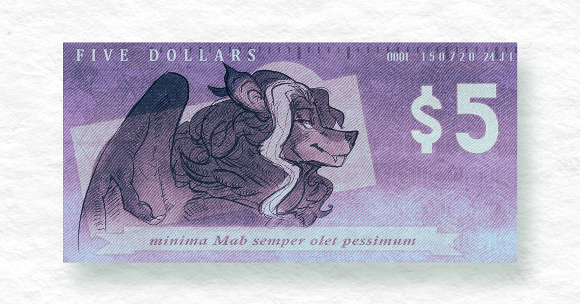 Fake five dollar bill with Catarina on it. Latin reads "minima Mab semper olet pessimum"