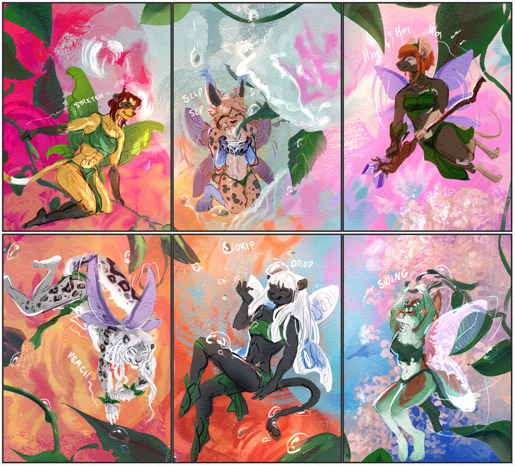 Anthro fairies on abstract flowers