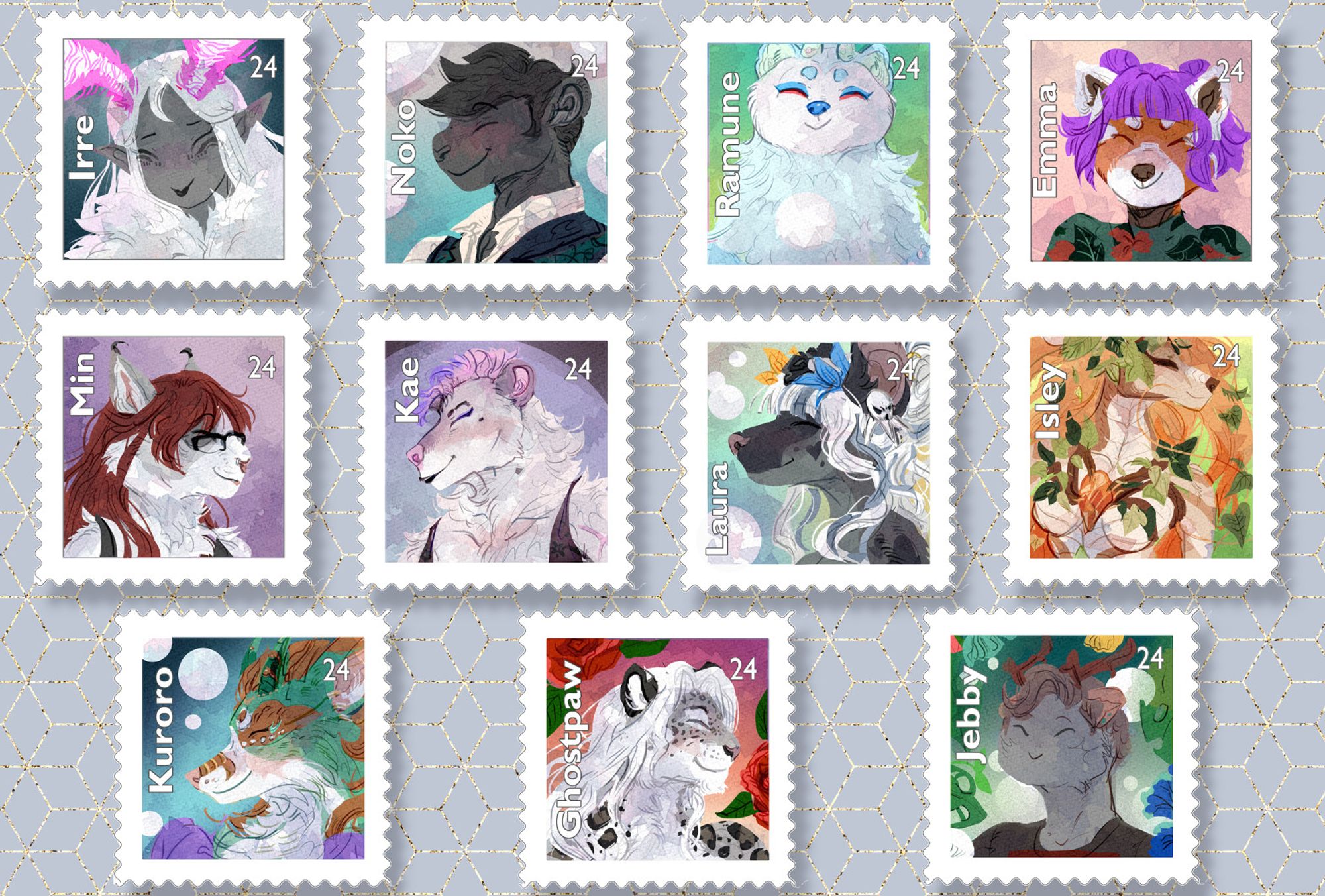 Stamps of various characters for supporters on Ko-fi