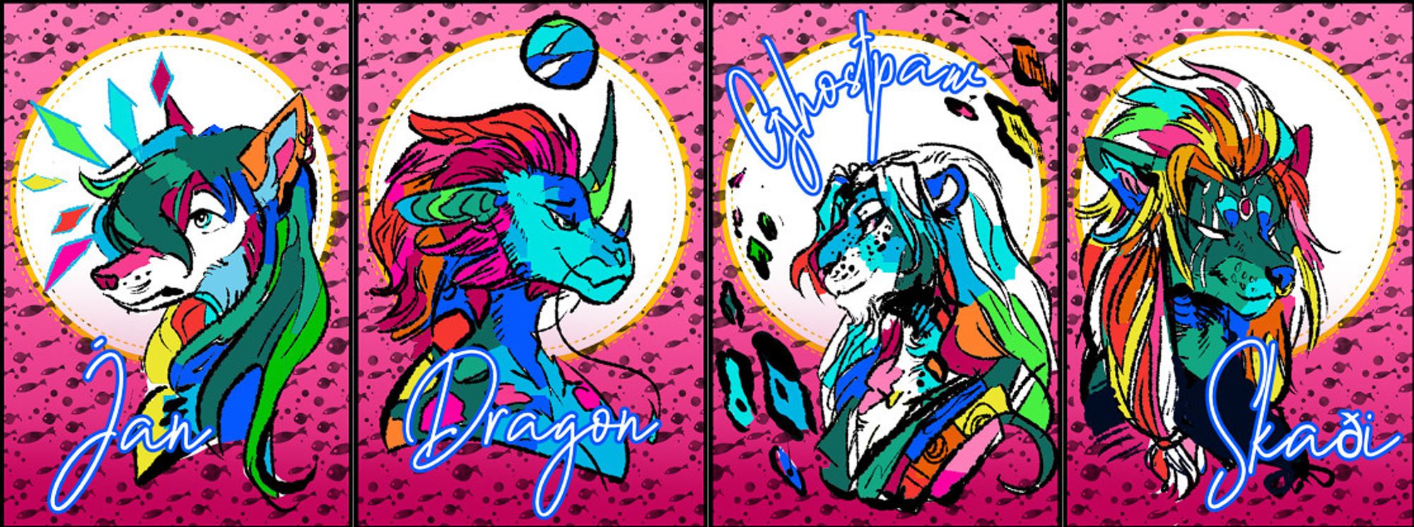 Character busts in patchwork bright colours with a neon-looking font: Jan, Dragon, Ghostpaw, Skaði