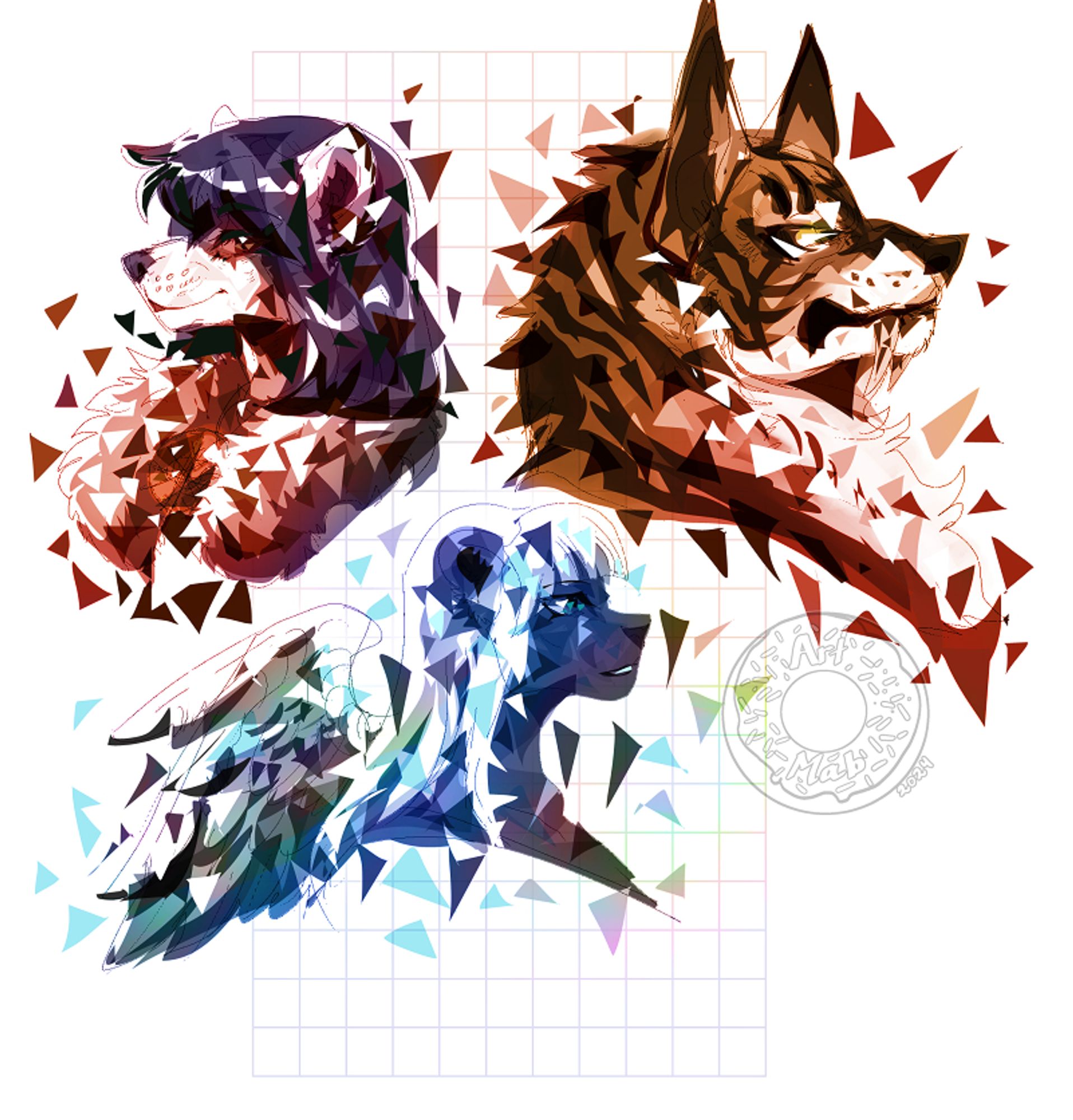 Abstract geometric portraits of anthro characters on  grid background