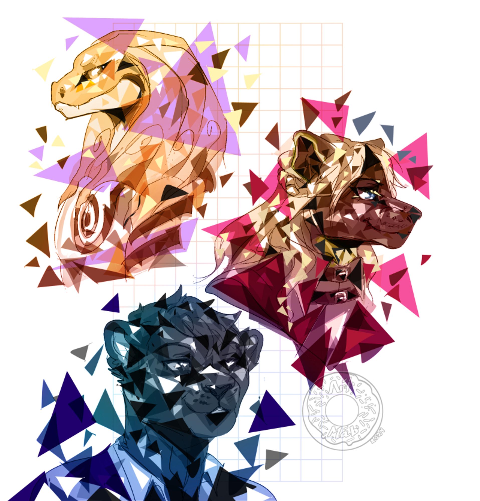 Abstractly geometric portraits of anthro characters on a grid background