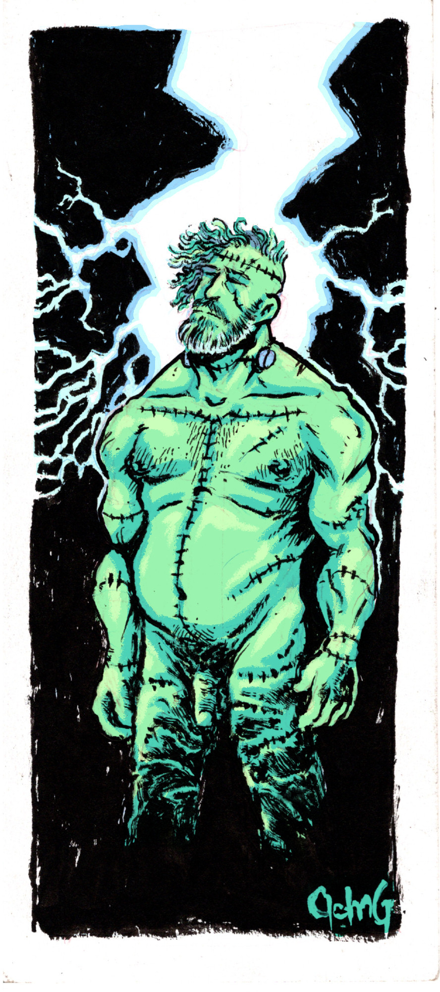 A colorful drawing of a naked Frankenstein Monster standing in front of a bolt of lightning.