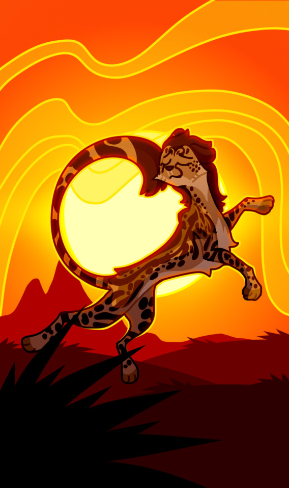 A cheetah jumps on the background of the sunset sky and sun. She is sad, her eyes are closed. Background is a dark red hills, in the foreground is a tuft of grass.