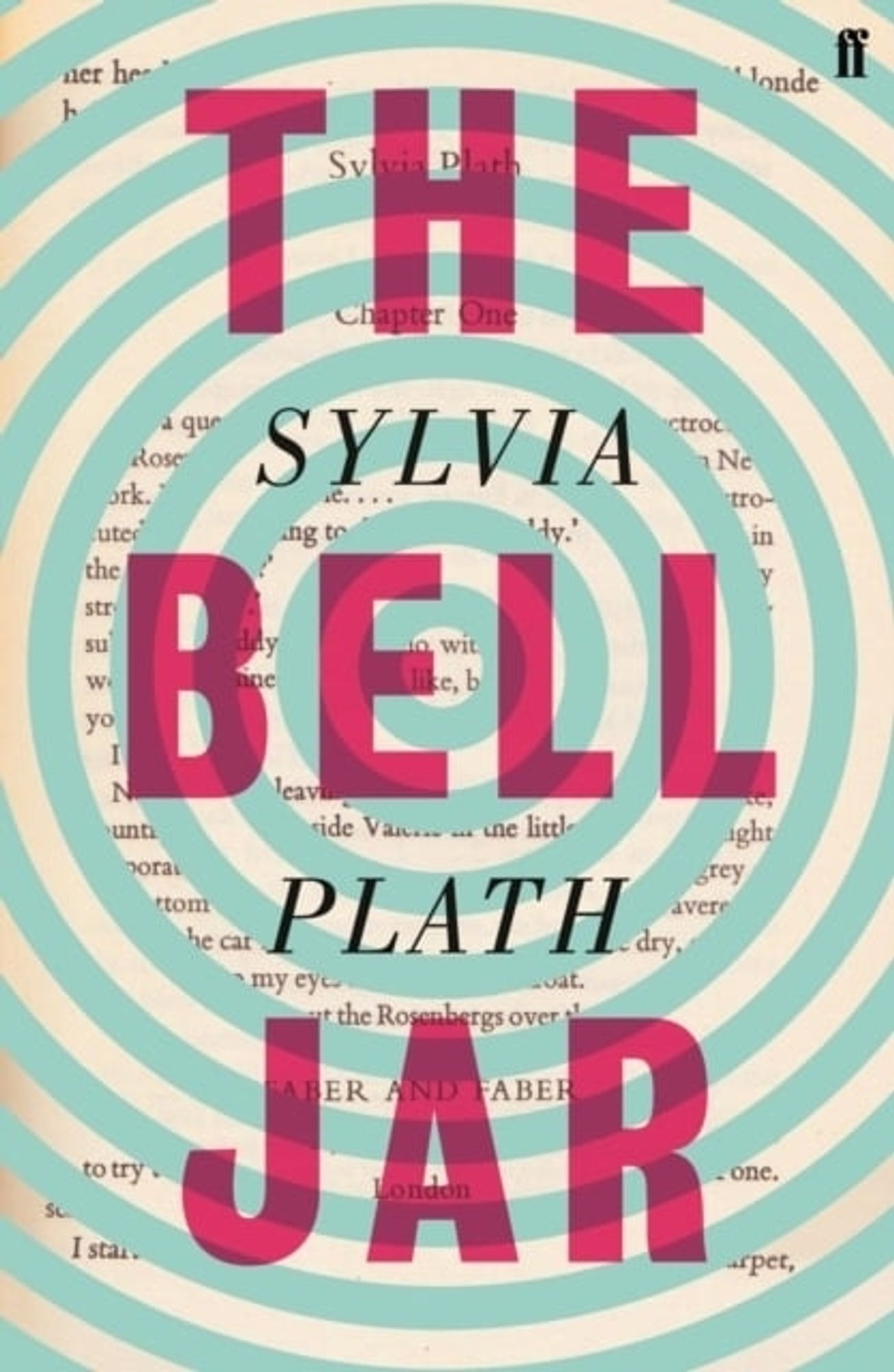 Illustrated typographical book cover with waves of blue circles over the novel text. The title is in large sansserif red font of "the bell jar"with the authors name in set serif italics between the title