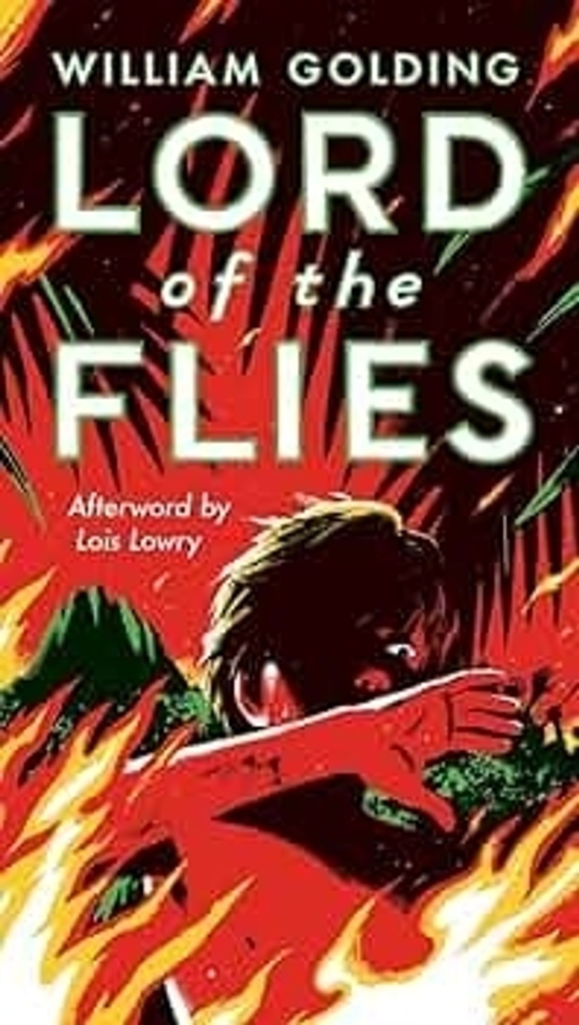 An illustrated cover of Lord of the Flies with a boy warding off flames while framed by jungle palm leaves