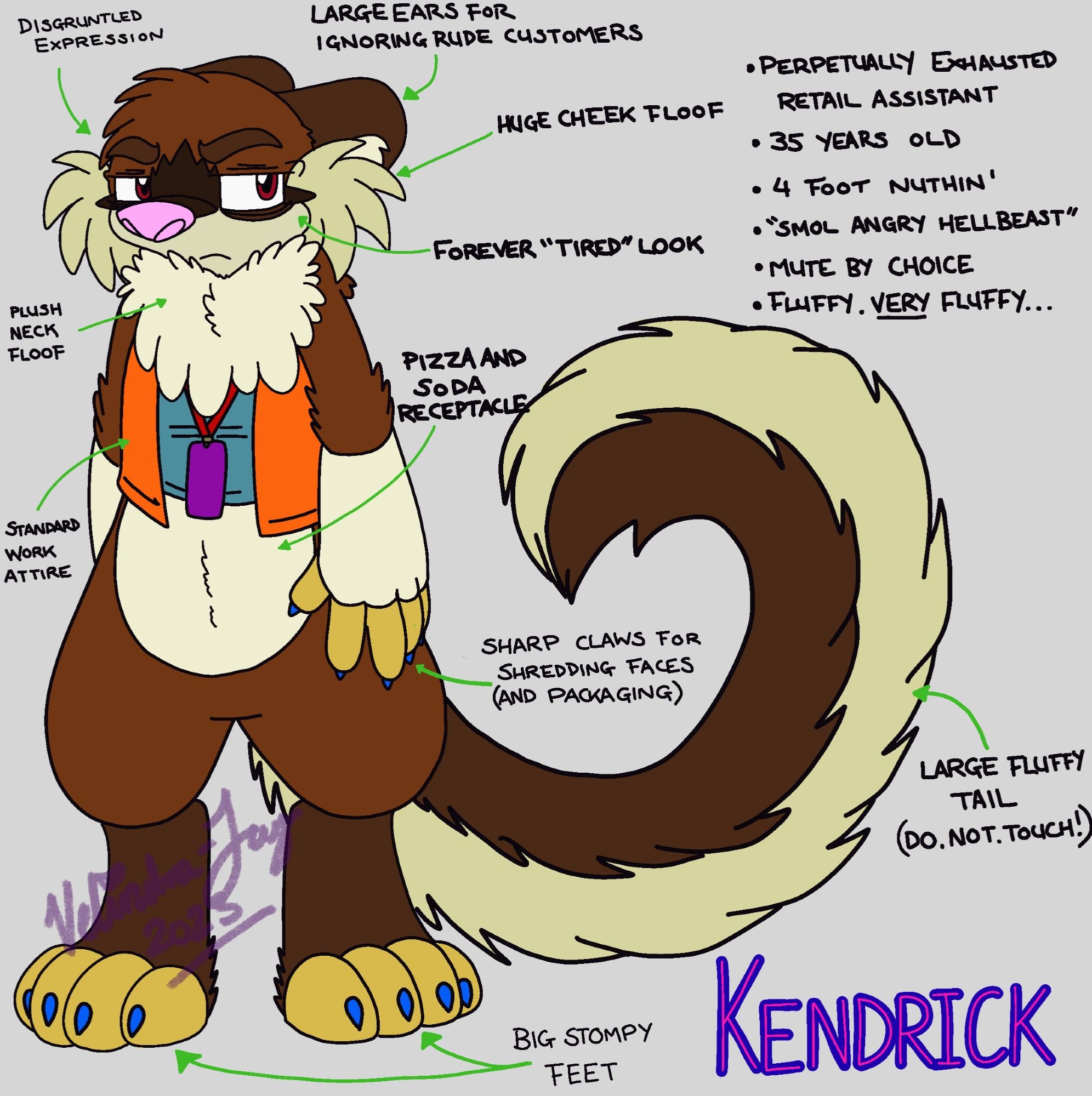 A fluffy but rather disgruntled ferret poses for the camera as the author makes various observations about him, his attire and various attributes.  His name is Kendrick.