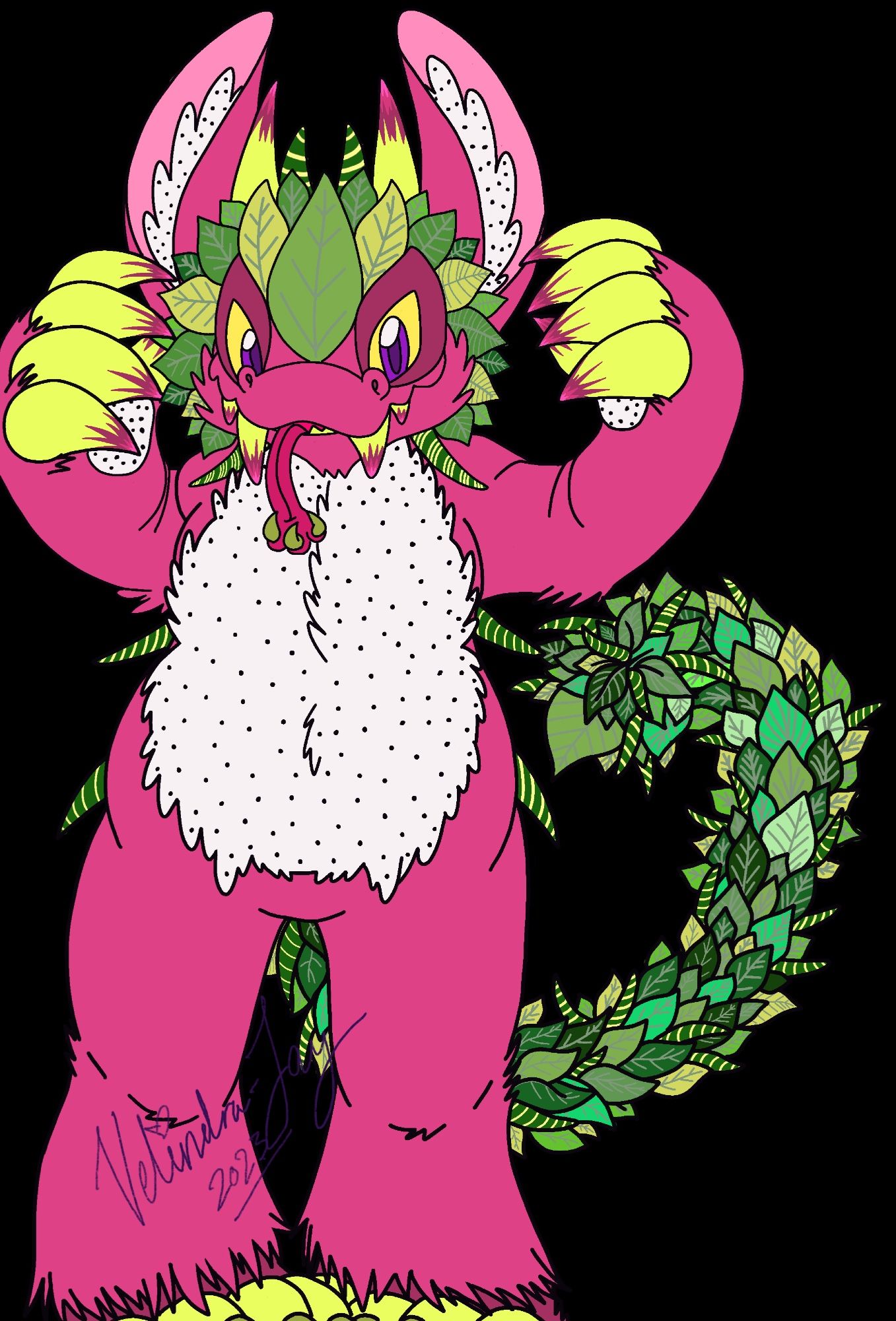 A pink, yellow and green creature (a Leupak: a sometimes fluffy and often rubbery hell beast with a love of particular fruits) stands before you.  This boy is based on the pink Dragonfruit.  Can seem a little bit monstrous but is a very sweet and gentle lad.  Him chonk :)