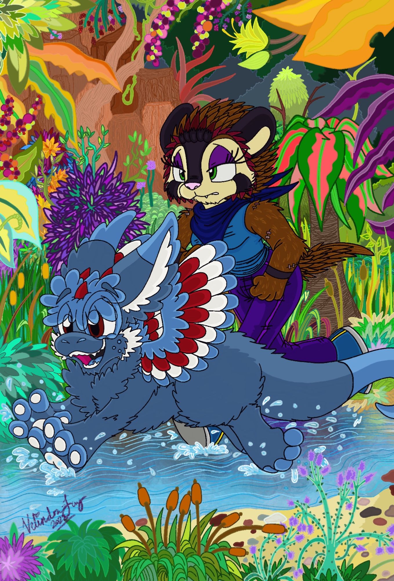 My fursona/OC Velindra-Jay Hedgehog and her Dutch Angel Dragon, Fluffy on an afternoon run through an older envisionment of their jungle paradise home.