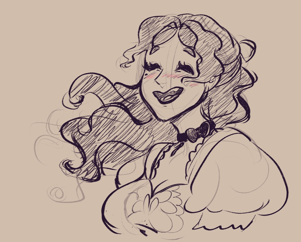 A digital sketch bust of my OC Reine. She is facing the viewer and smiling brightly with joy, her long wavy hair swaying in the air. 