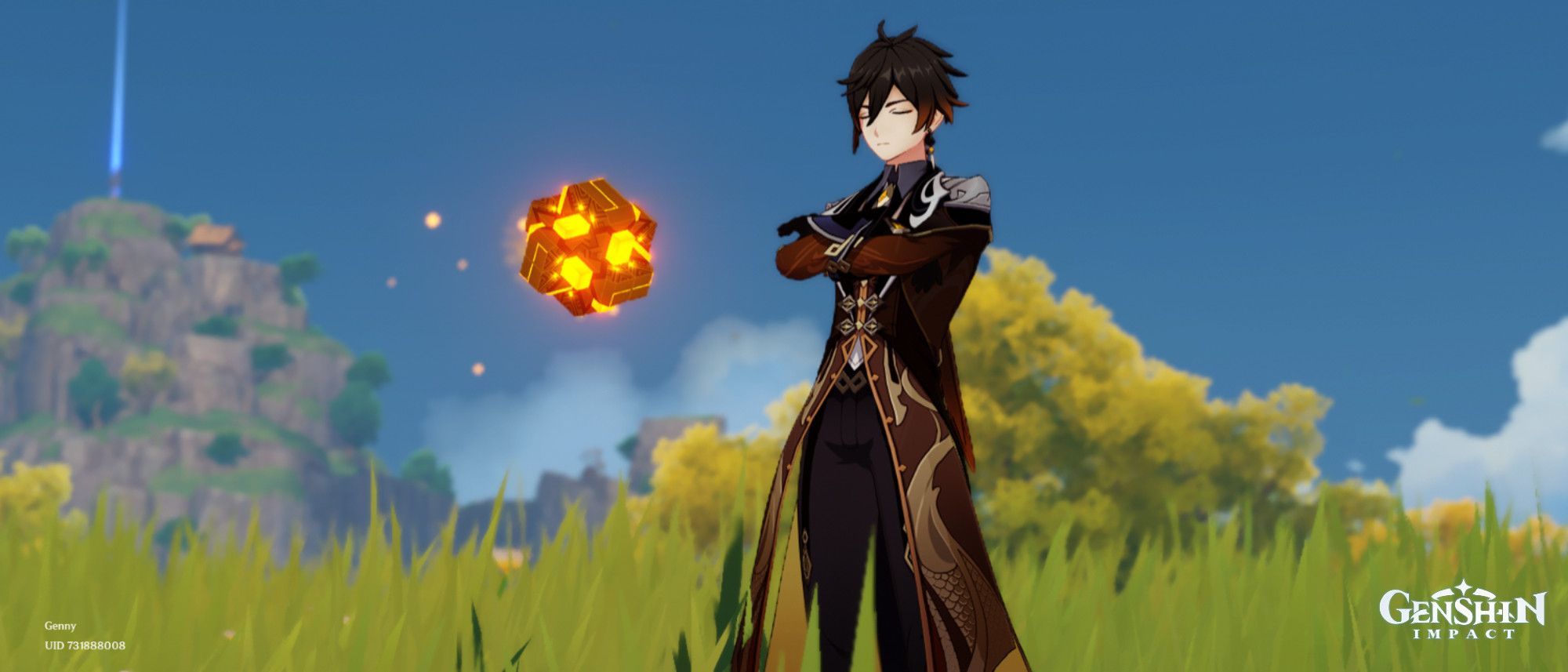 A screenshot of Zhongli from Genshin Impact, with Liyue nature scenery behind them. He is in his idle where the meteor is circling around him.