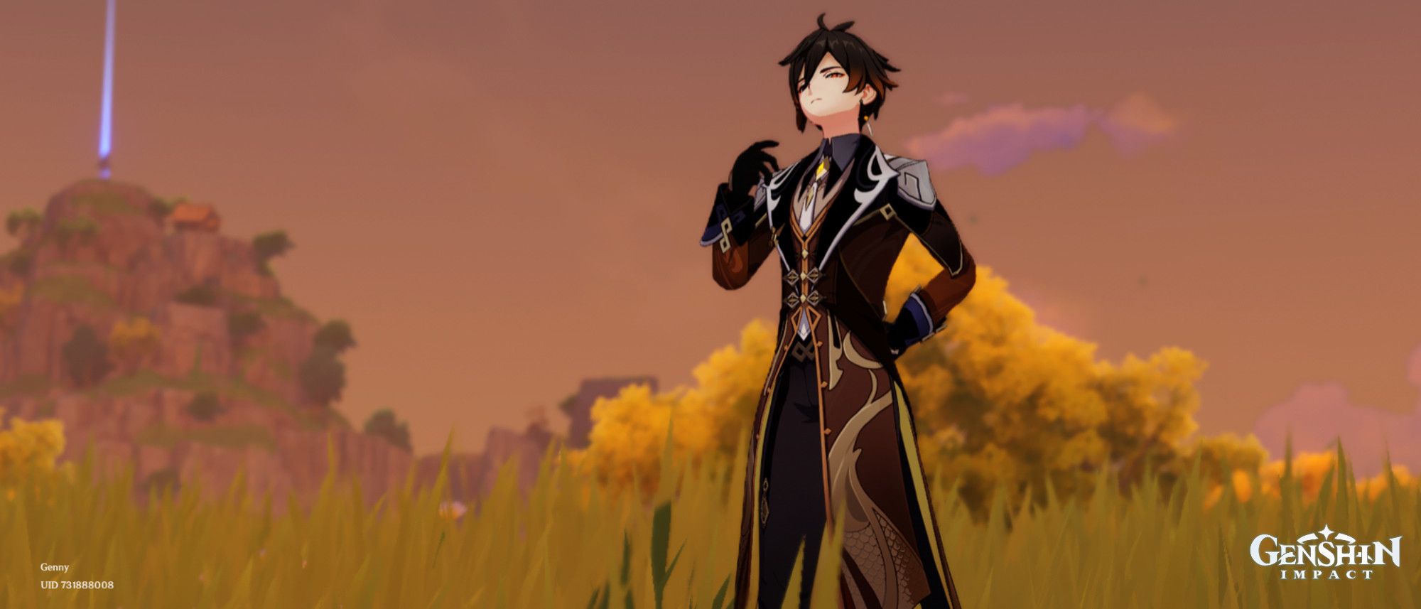 A screenshot of Zhongli from Genshin Impact, with Liyue nature scenery behind him. He's at the end of his osmantheus wine idle, looking up with his hand raised in front of his chest.