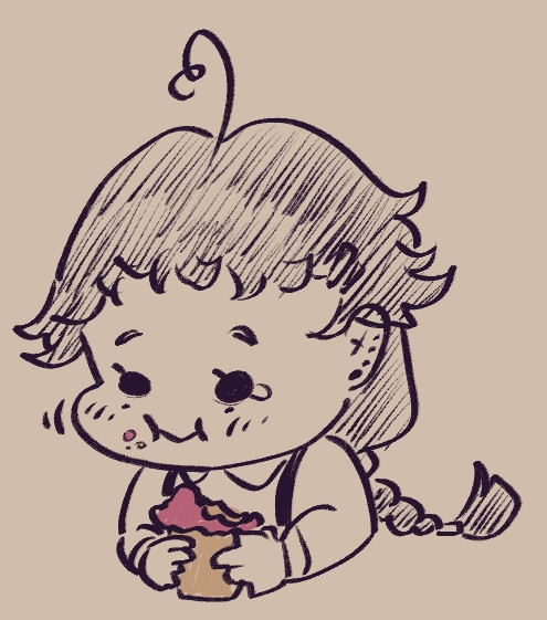 A digital chibi doodle of my OC Irina, holding a pink cupcake with a cartoony bitemark on top of it and chewing, a few cupcake crumbs on her cheek. She has a single little tear on the corner of her eye, signing that she has cried before this.