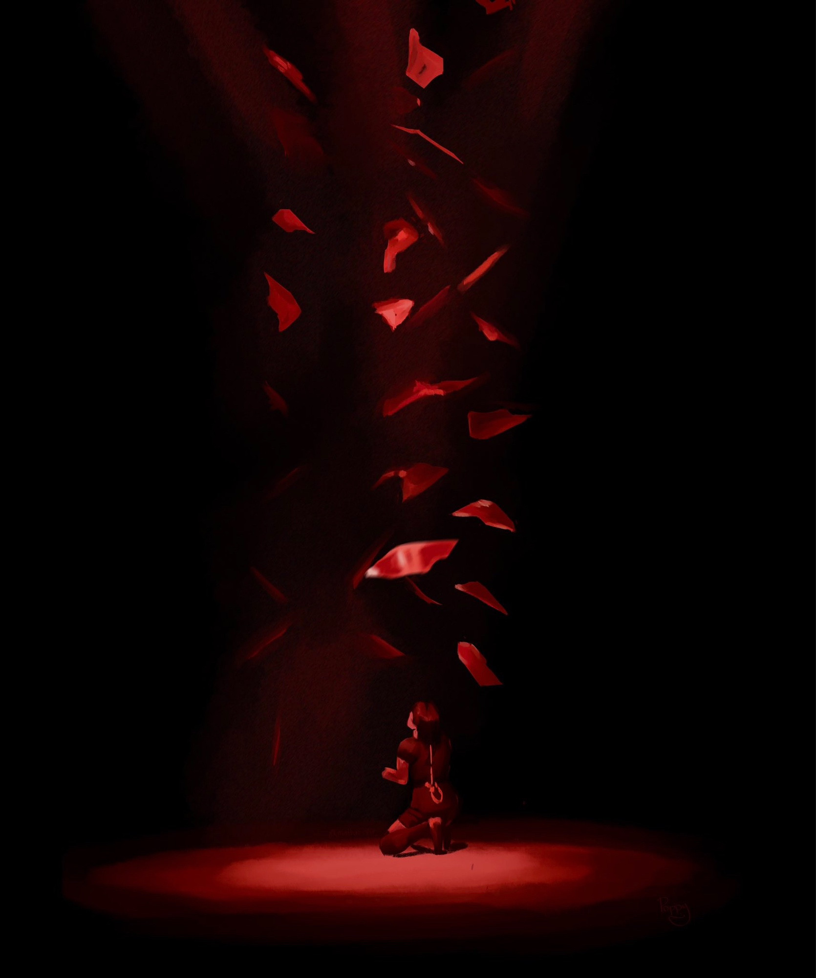 A redraw of a scene from mitski concert where she’s surrounded by red glass shards floating above her entirely red lit