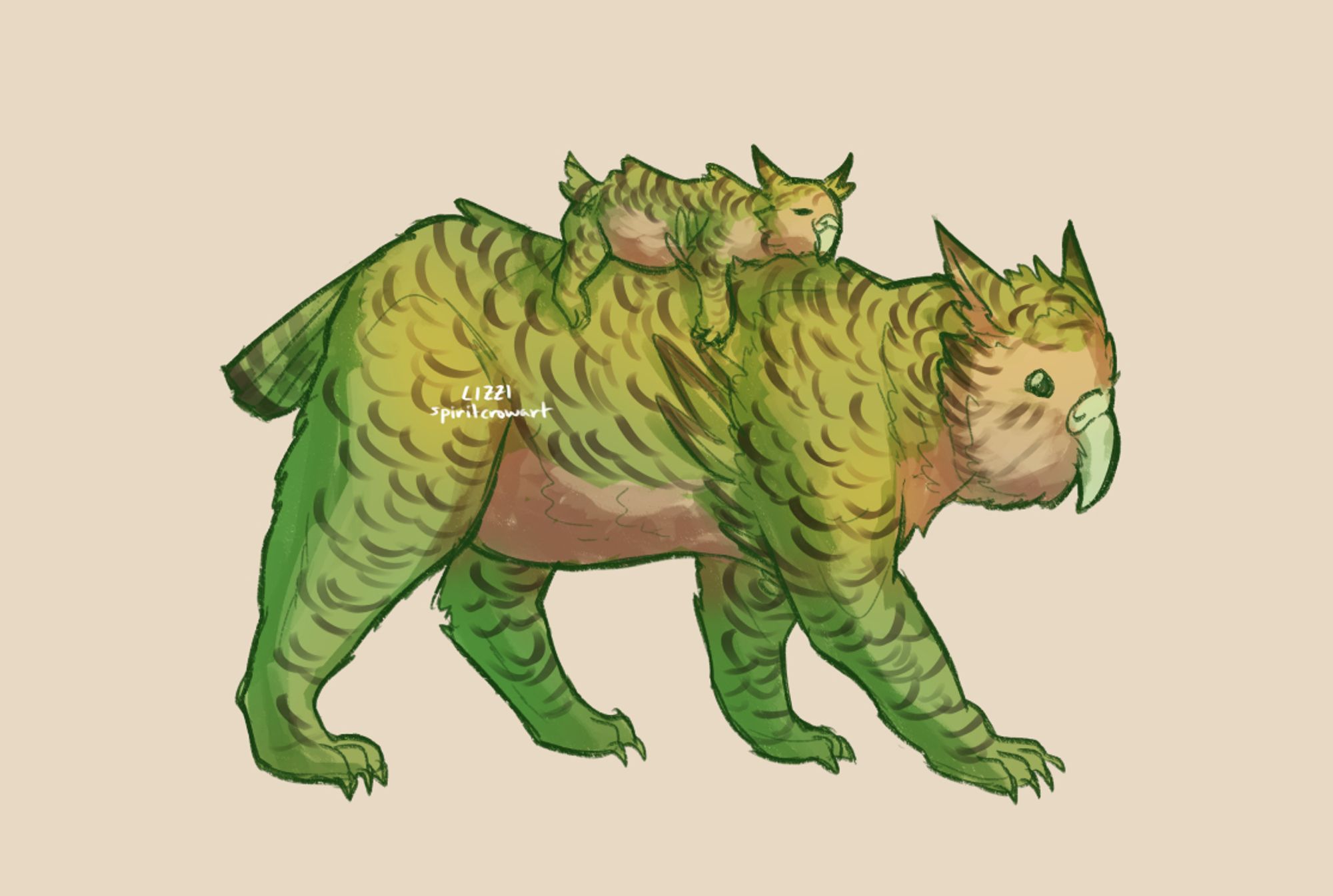 Colored sketch of a kākāpō-bear cub sleeping on her mother's back while she walks. They're both covered mostly in yellow-green feathers with dark brown markings and have beige faces and underbellies.