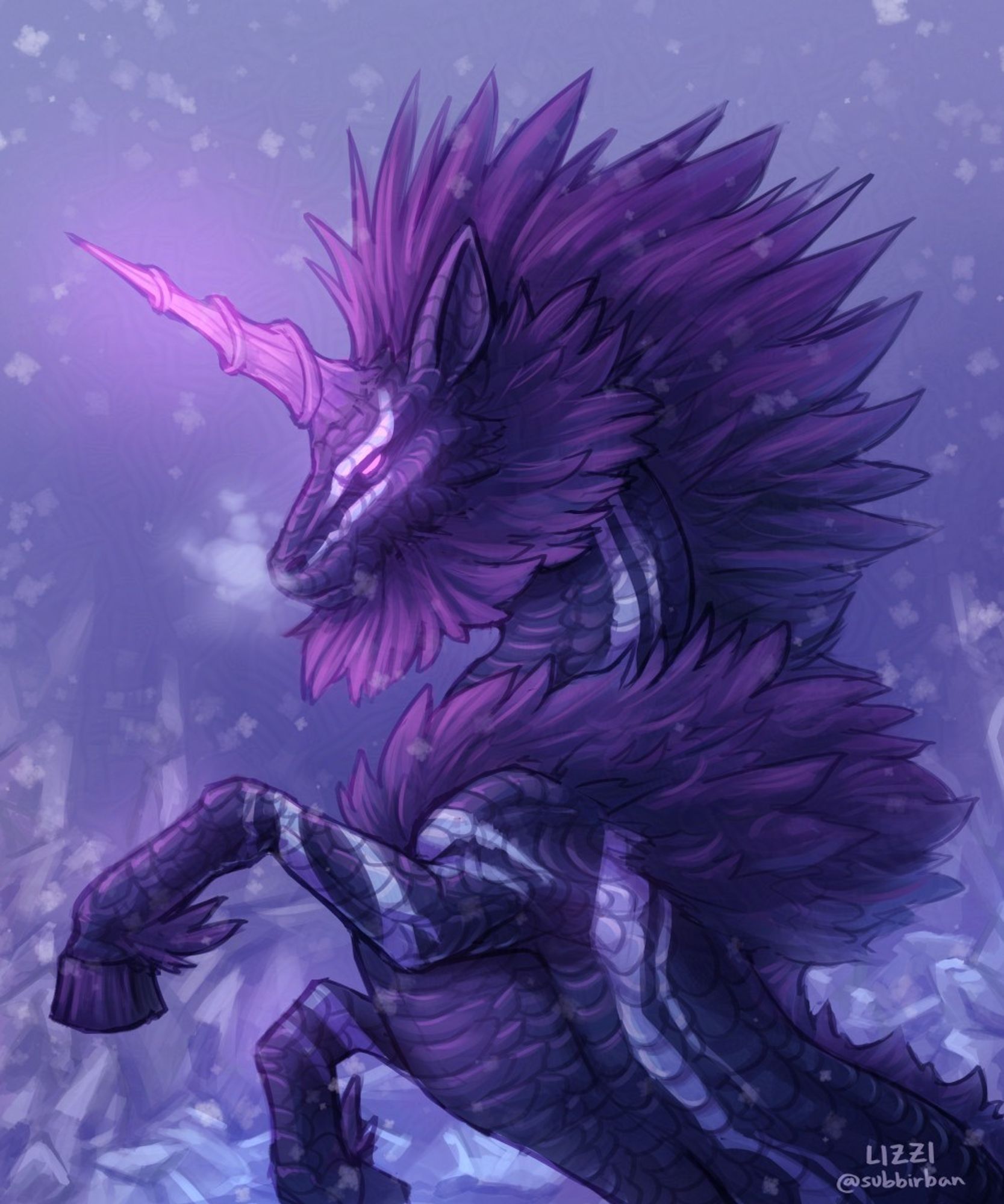 Oroshi Kirin from Monster Hunter. It is a unicorn-like creature with dark purple scales, white stripes, a fluffy purple mane, and a glowing pink horn and eyes. It is surrounded by a dark icy landscape