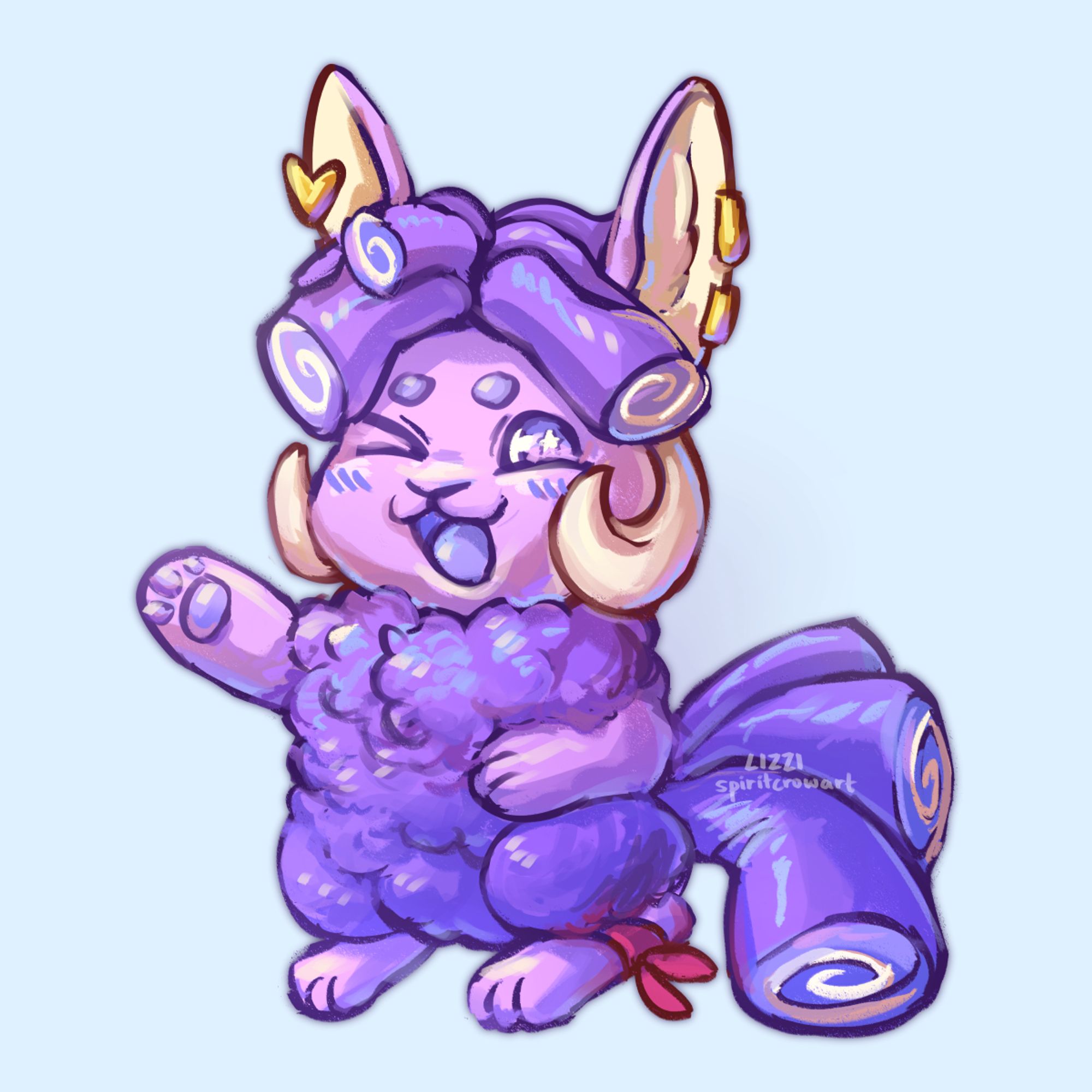 Digital painting of Cake, a purple anthro sheep! He has light purple skin, purple wool on his body, two cream horns, and two tall ears. His hair and tails are shaped like ube cake rolls!