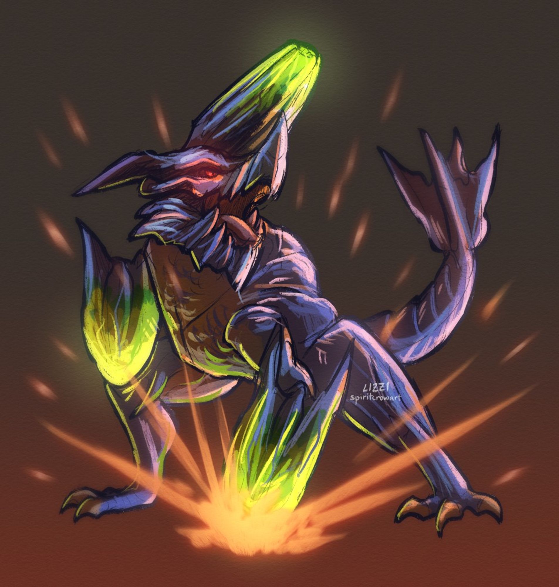 Rough painting of Brachydios from Monster Hunter. It is a bipedal lizard-like monster with mostly blue scales, a beige underbelly, red eyes, and a glowing green round horn and two large green fists. It is punching the ground, erupting it in an orange explosion.