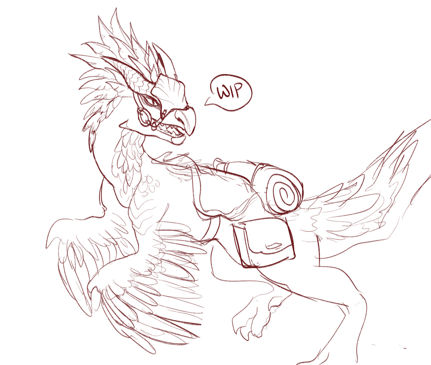 Sketch of a Seikret from Monster Hunter, a creature that resembles a velociraptor with two horns, long head feathers, feathered forelimbs, powerful back legs, and a long feathered tail. It is wearing a saddle and carrying gear.