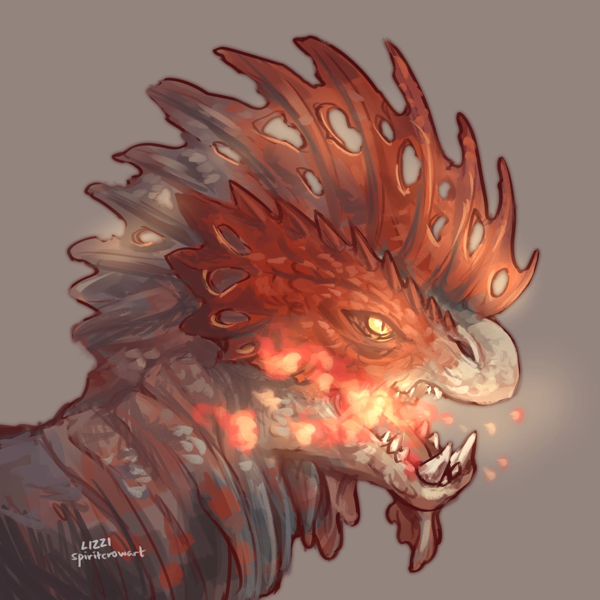 Rough painting of a Quematrice from Monster Hunter Wilds. It is a dinosaur-like monster with features similar to a rooster. It has mostly pale skin with a red crest around its yellow glowing eyes, a red crest on top of its head, and very wrinkly skin on its neck that resembles a wattle. It has its mouth open and is breathing hot glowing fire.