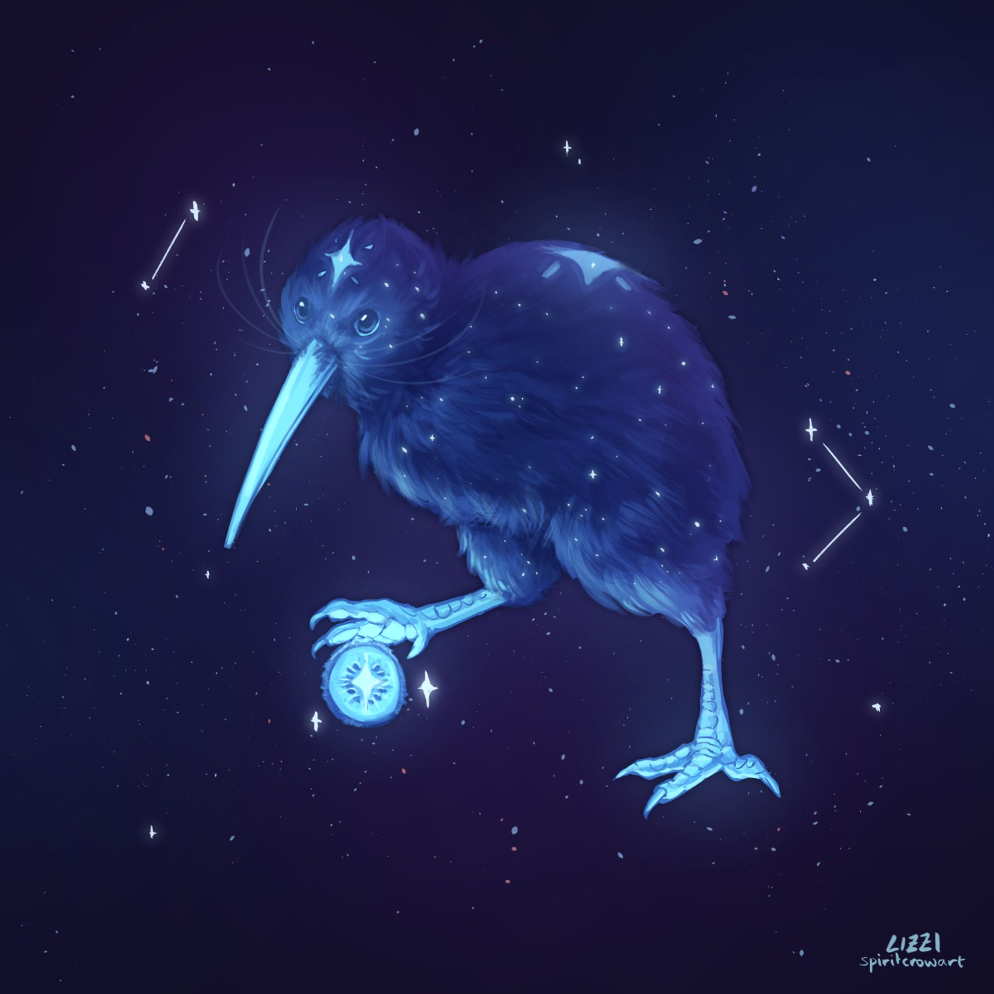 A celestial Kiwi bird that is colored in varying hues of blue as opposed to brown. (oc belongs to 8thcreation) It has a star pattern on its forehead and back, with smaller stars decorating its fur-like feathers. It has glowing blue eyes, beak, and feet, one of which is grasping at a kiwi fruit slice that is also colored blue. The background is set in a night sky full of stars and constellations.