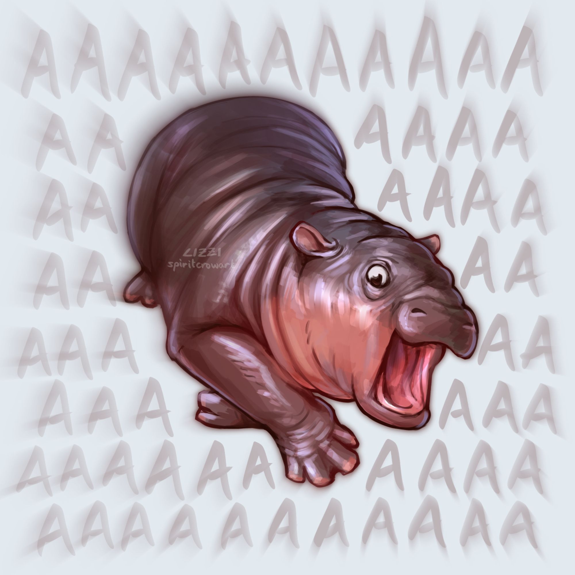 Digital illustration of Moo Deng, a baby hippo. She has mostly dark gray skin with peach colored patches on her face, neck, and ears. She lays on her side with her right hoof in front of her, and her mouth and eyes are wide open in an expressive scream. The background says "AAAAAAAAAA".