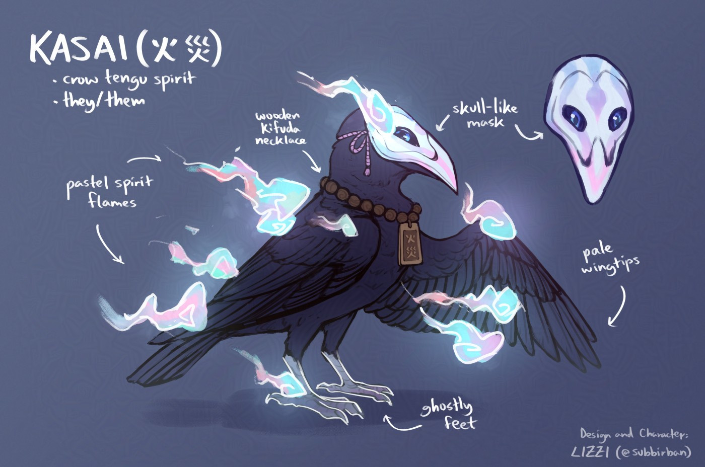 Reference sheet for Kasai, the ghostly crow